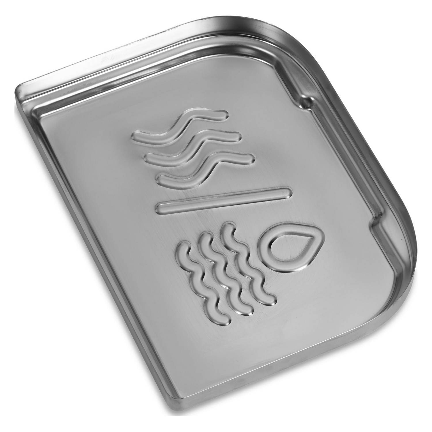 Piatto metallico con motivi a onda e goccia.