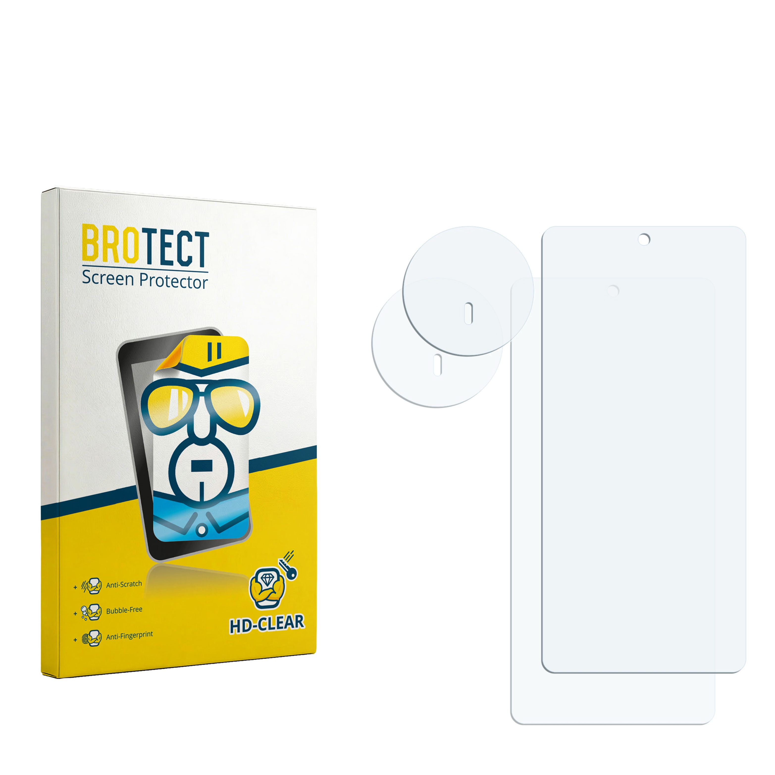 Verpackung für Displayschutzfolie mit zwei Schutzfolien und runden Schutzpads.