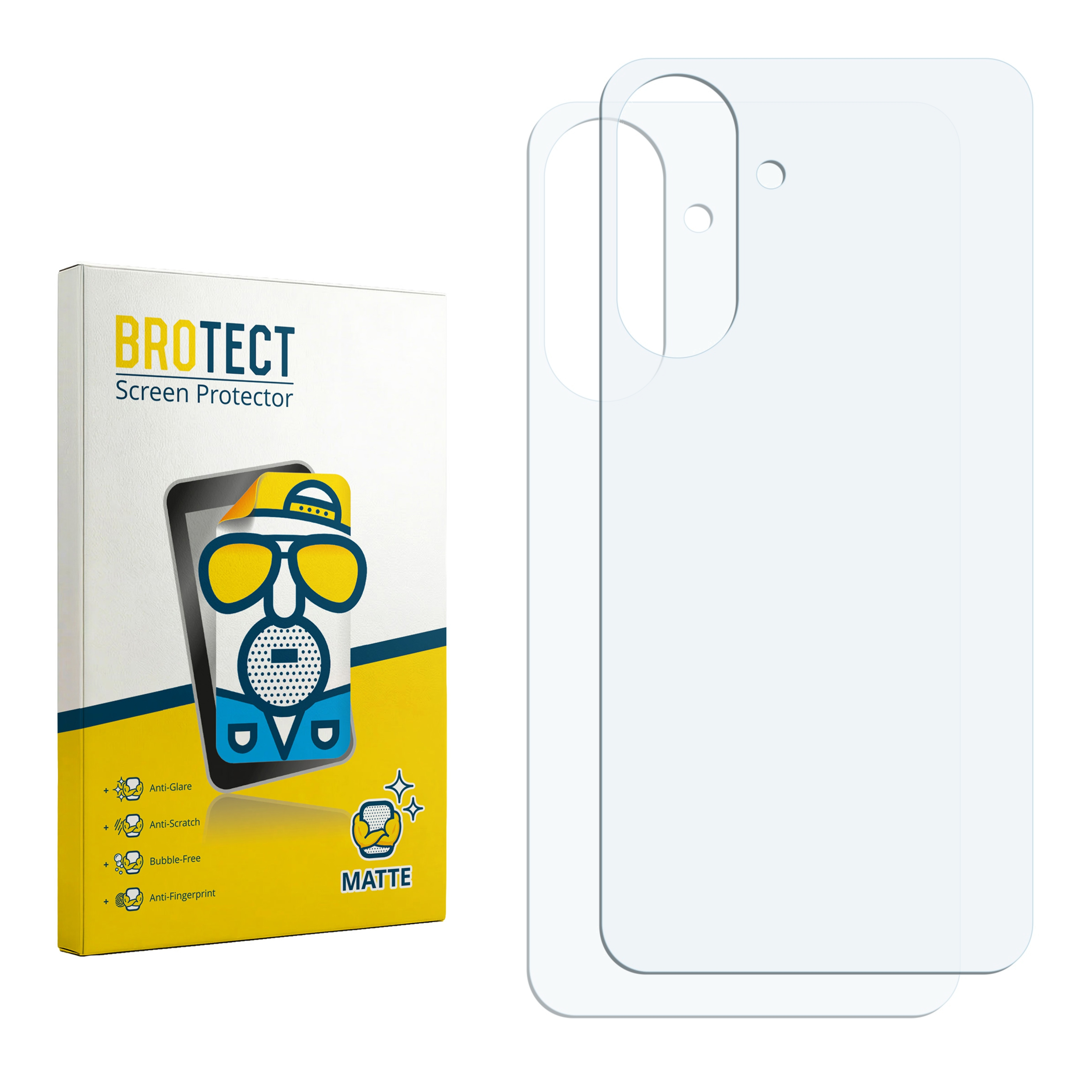 Verpackung für Displayschutzfolien und zwei transparente Folien.