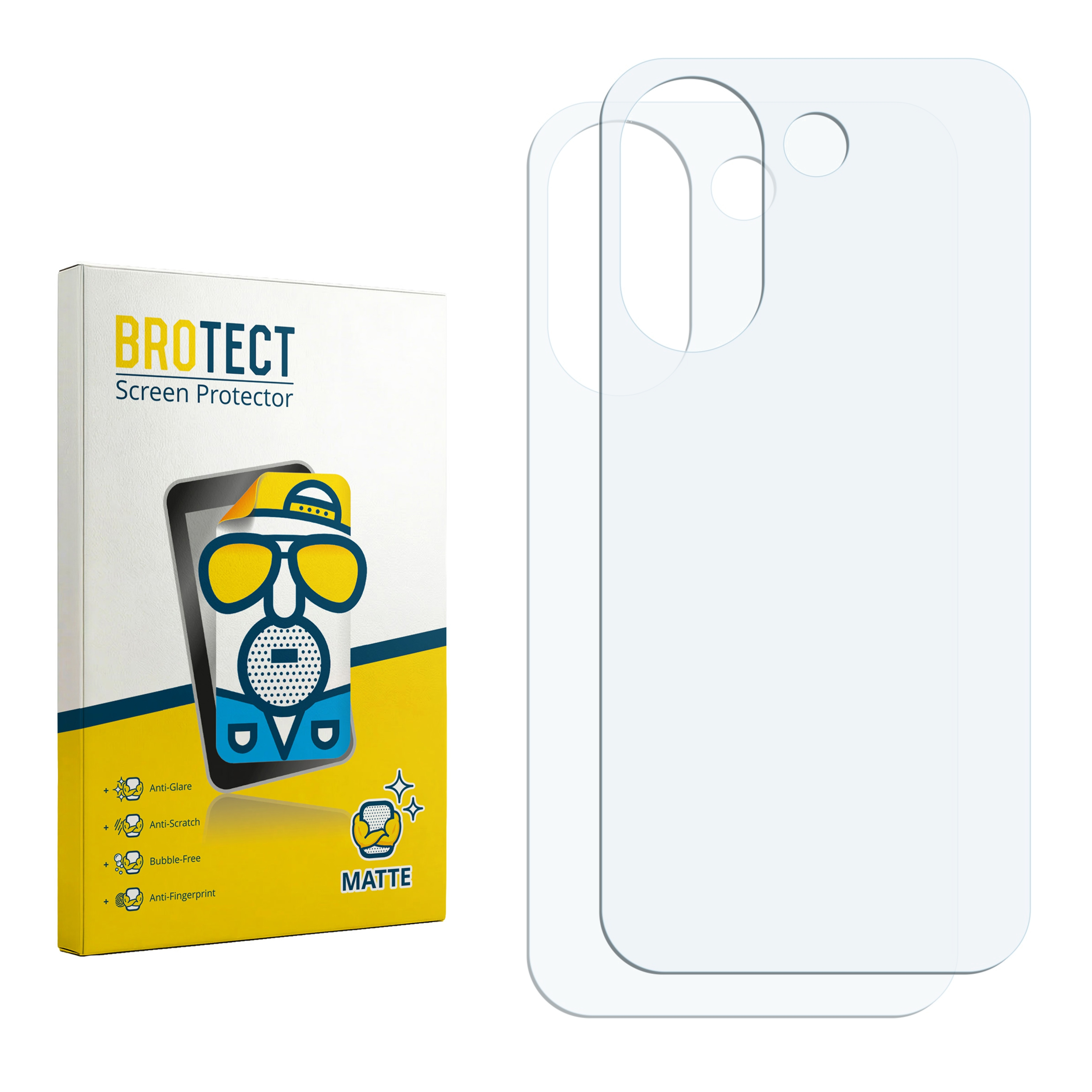 Verpackung für Displayschutzfolie mit zwei transparenten Schutzfolien daneben.