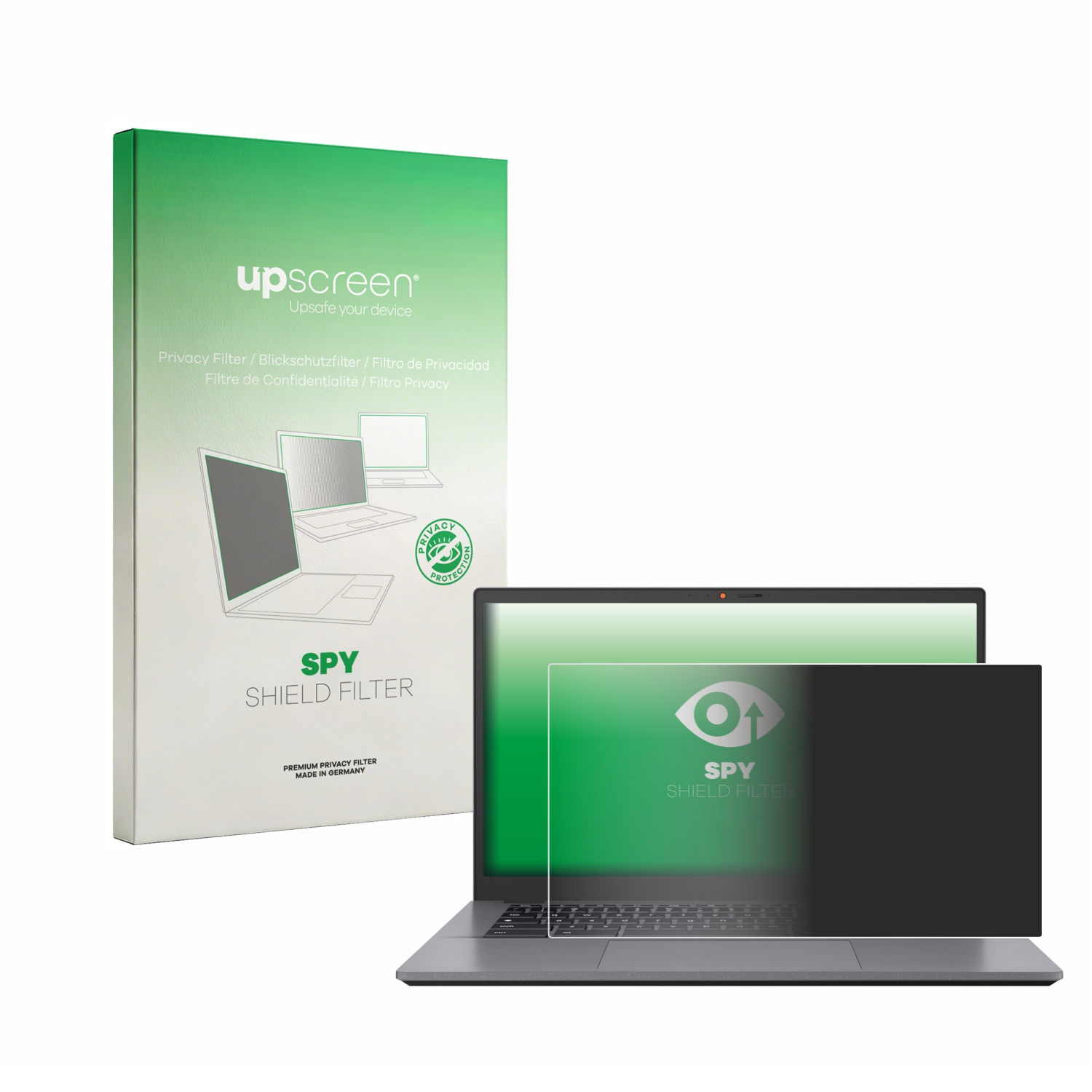 Ein Sichtschutzfilter liegt auf einem geöffneten Laptop. Die Verpackung steht daneben.