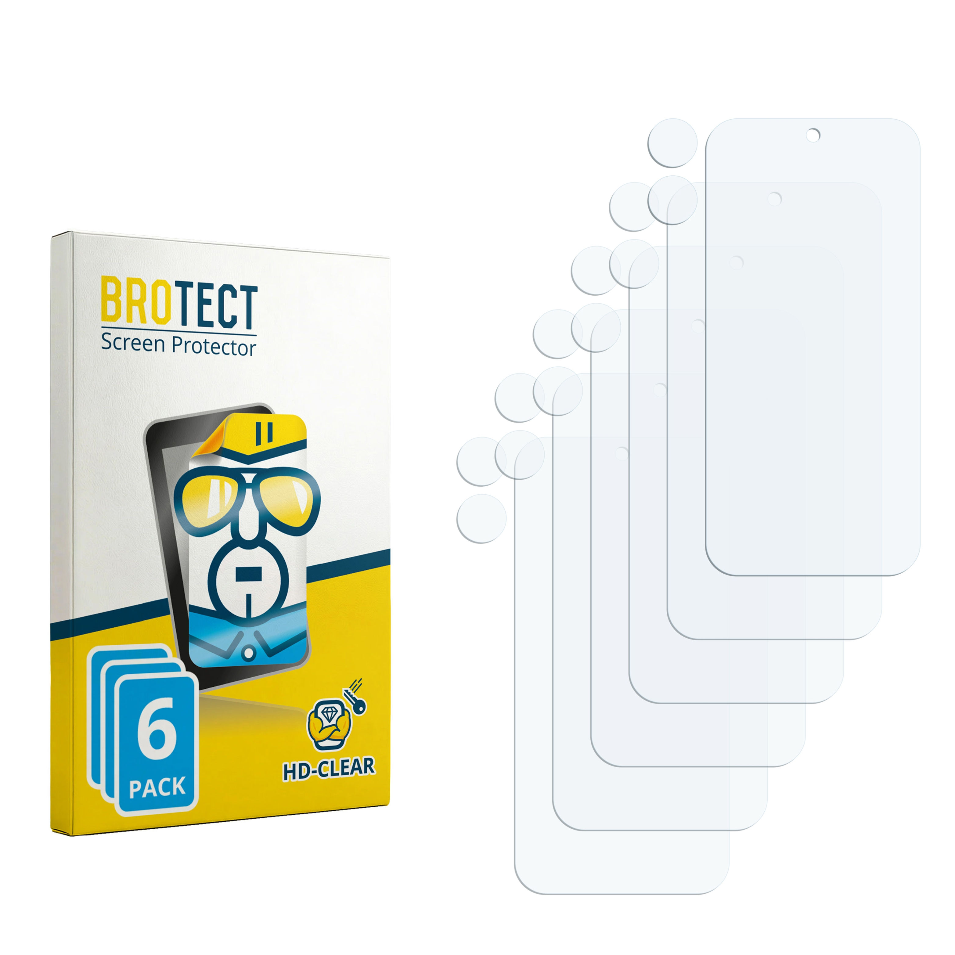 Packung mit 6 Displayschutzfolien und einzelnen Folien daneben.