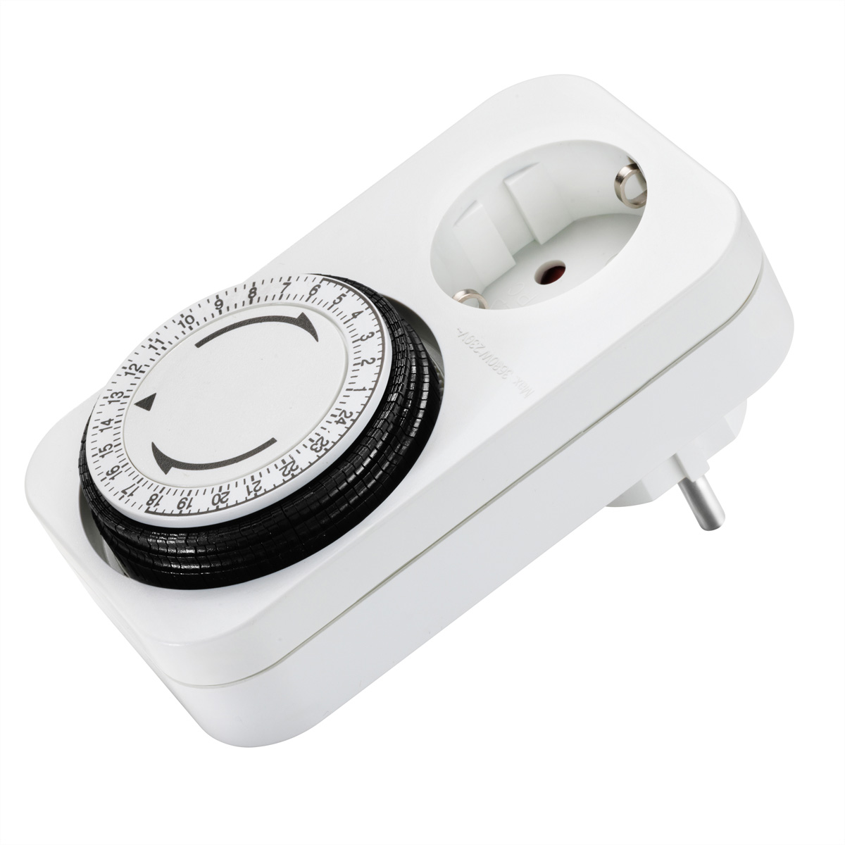 Witte mechanische timer met 24-uurs wijzerplaat en Europees stopcontact.