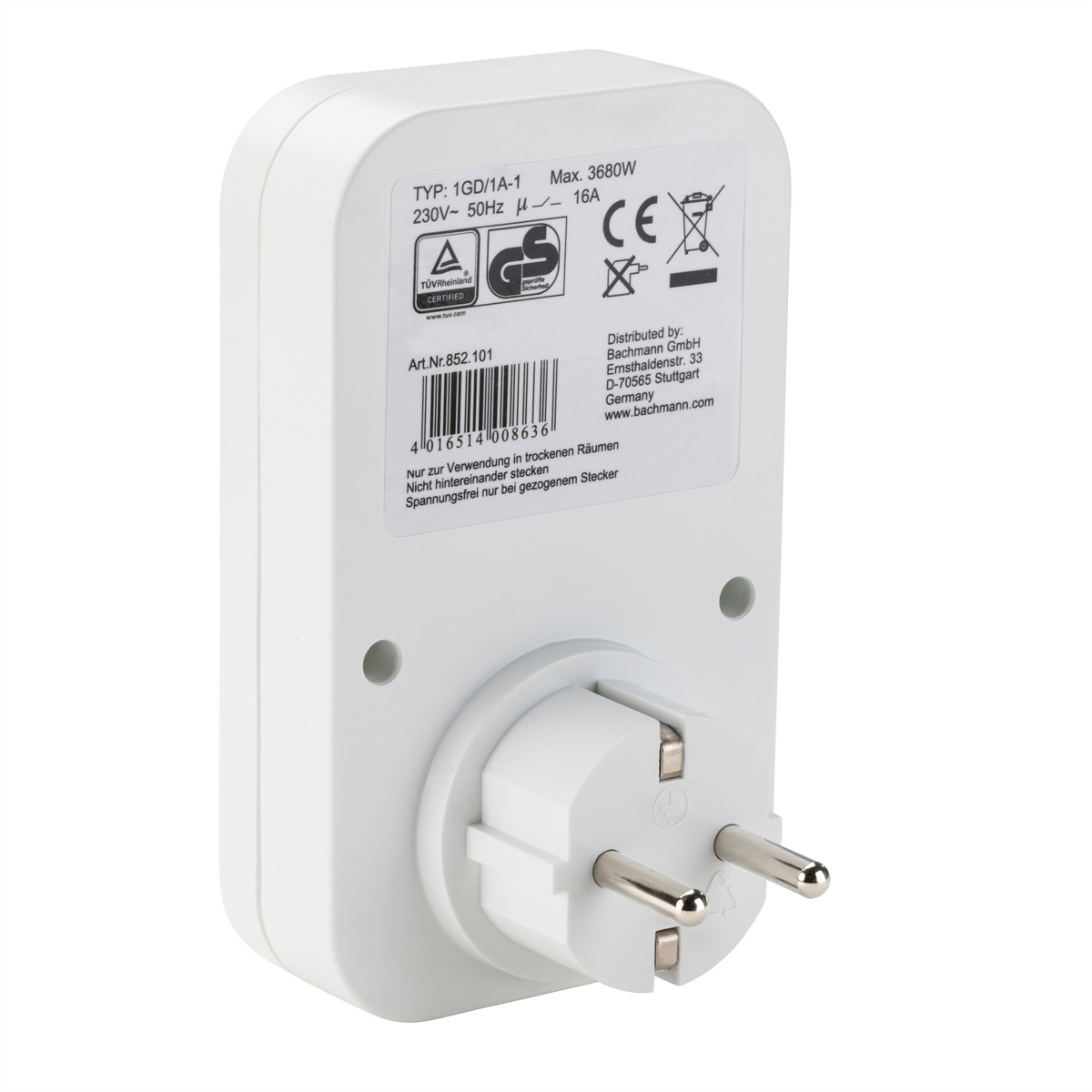 Witte stekkeradapter met Duitse contactdoos en Type-F stekker, CE-markering.
