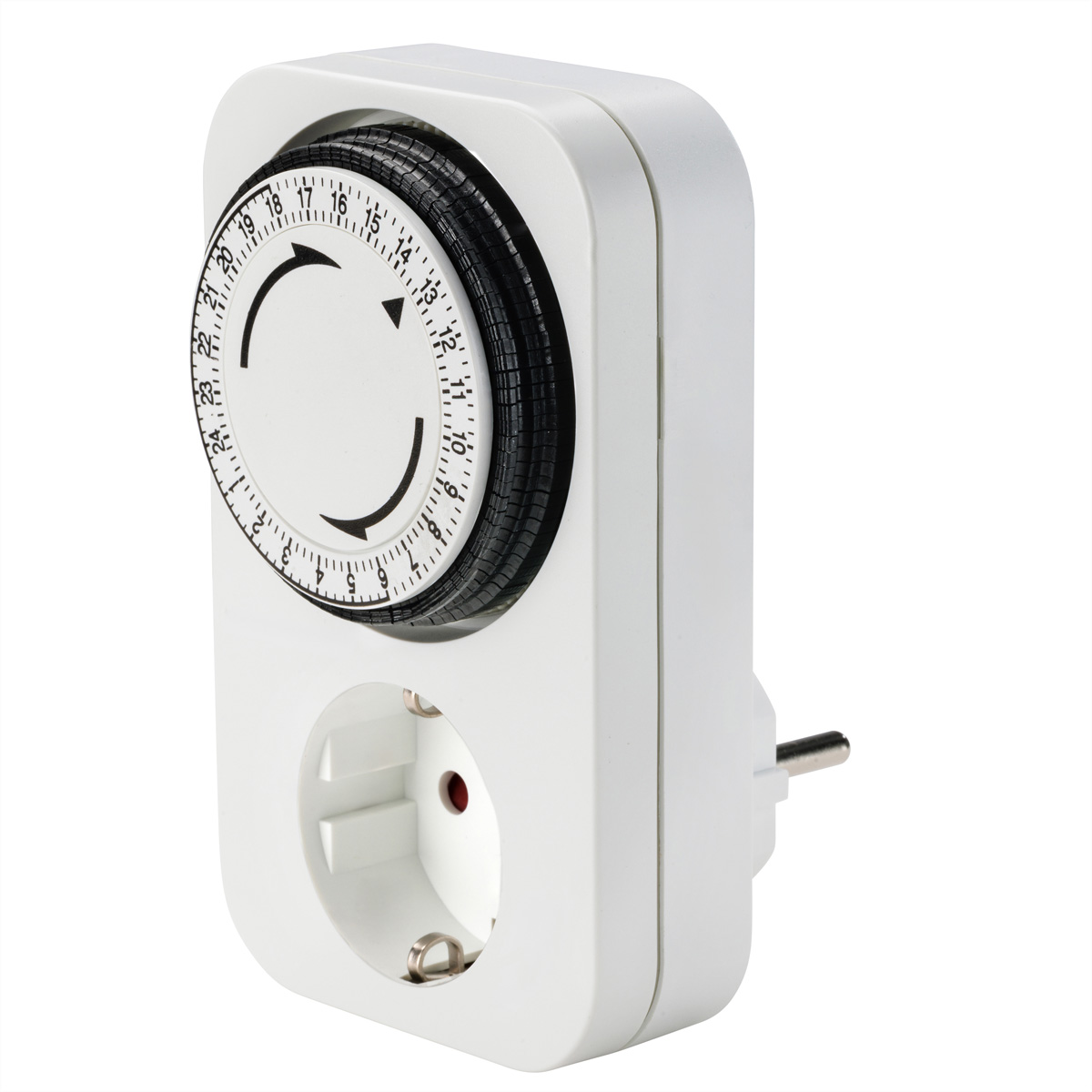 Een witte mechanische timer met een stopcontact en stekker.