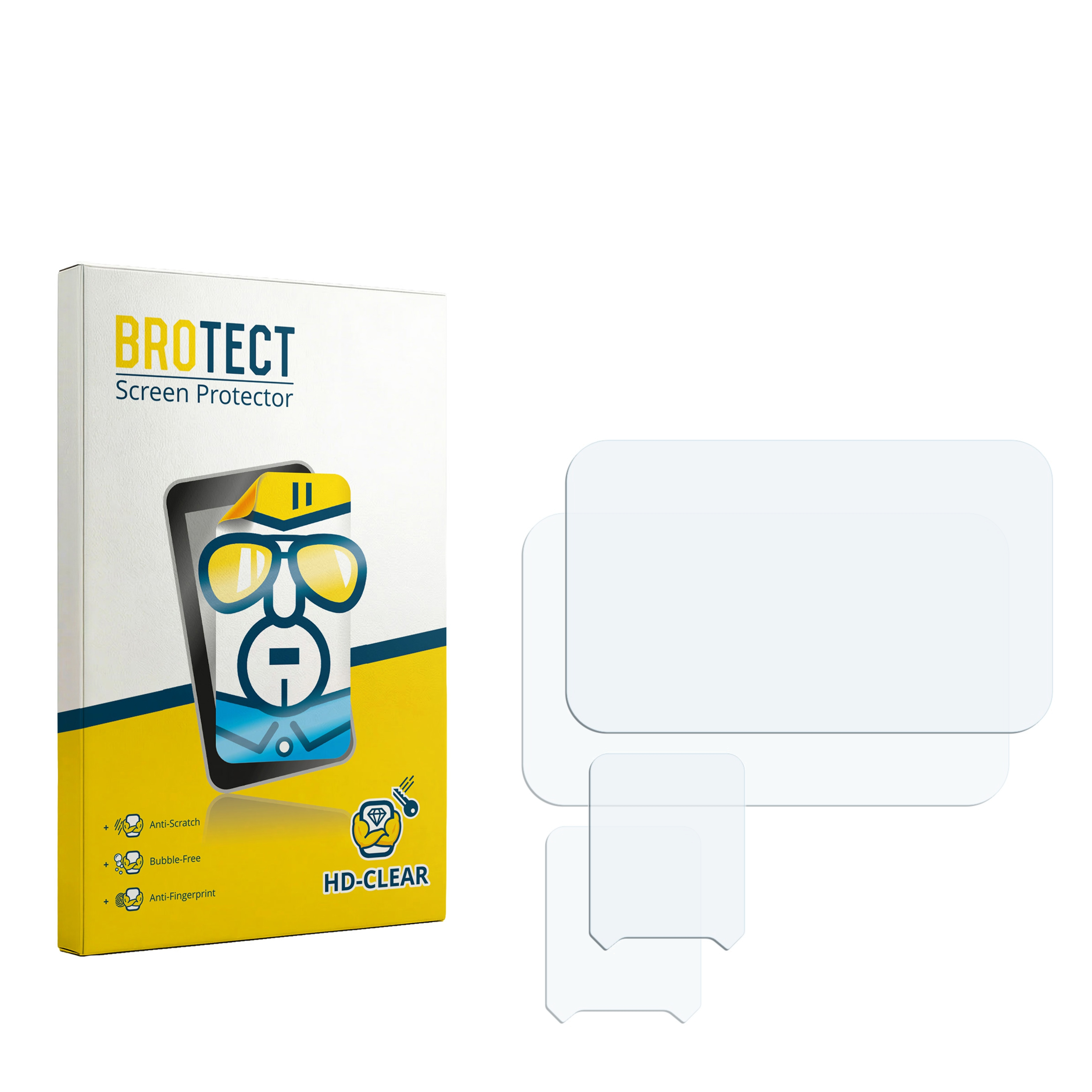 Verpackung eines "BROTECT" Displayschutzes mit drei einzelnen Schutzfolien.