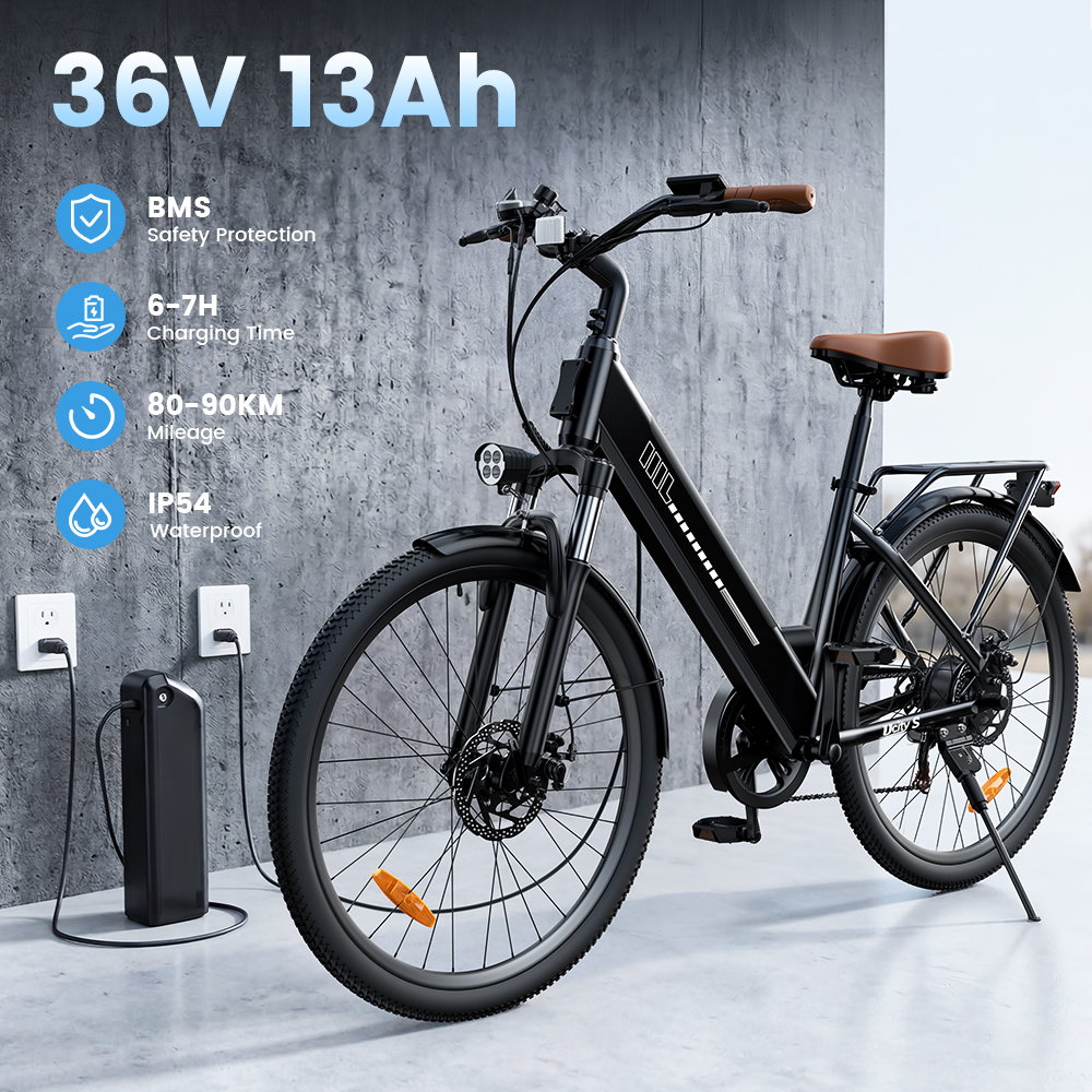 Schwarzes E-Bike mit braunem Sattel, steht neben Ladegerät vor Betonwand. 36V 13Ah.