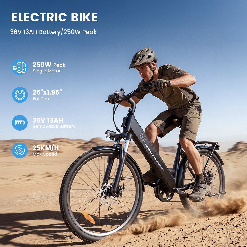 Ein Mann fährt ein schwarzes E-Bike durch Sand. Text hebt Spezifikationen hervor.