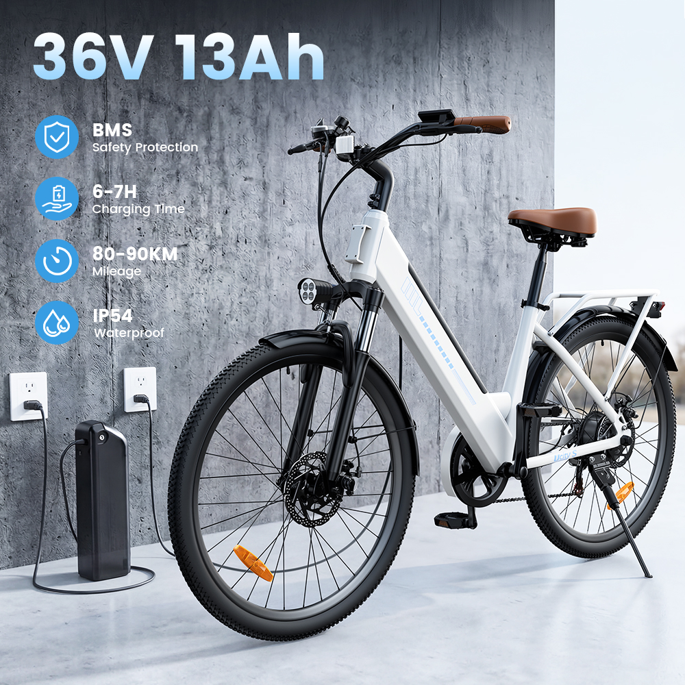 Ein weißes Elektrofahrrad mit braunem Sattel steht vor einer Betonwand. Ein Akku wird geladen.