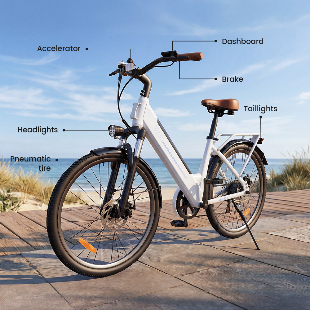 Ein weißes Fahrrad mit braunem Sattel, Strand- und Meereskulisse.