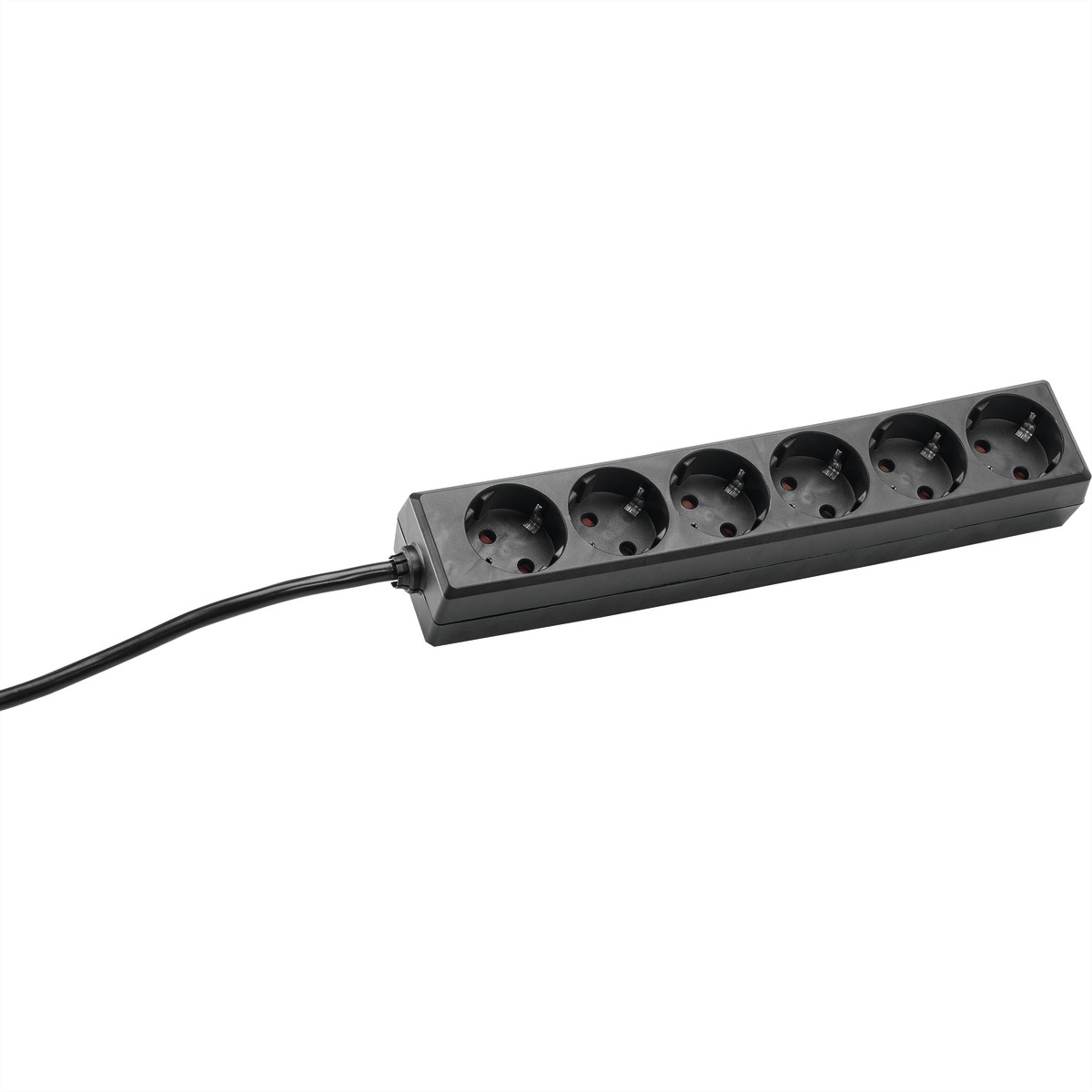 Zwarte stekkerdoos met zes stopcontacten en een kabel.
