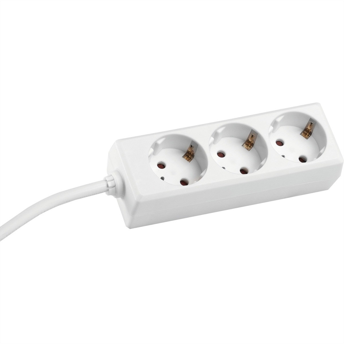 Een witte stekkerdoos met drie stopcontacten en een kabel.