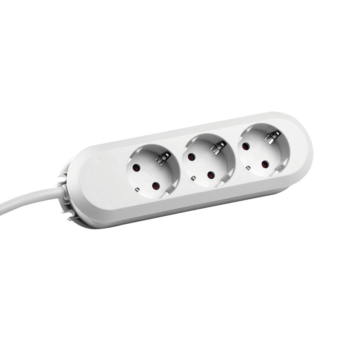Een witte stekkerdoos met drie stopcontacten en een kabel.