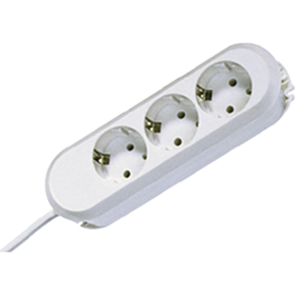 Ein weißer Mehrfachstecker mit drei Steckplätzen und einem weißen Kabel.
