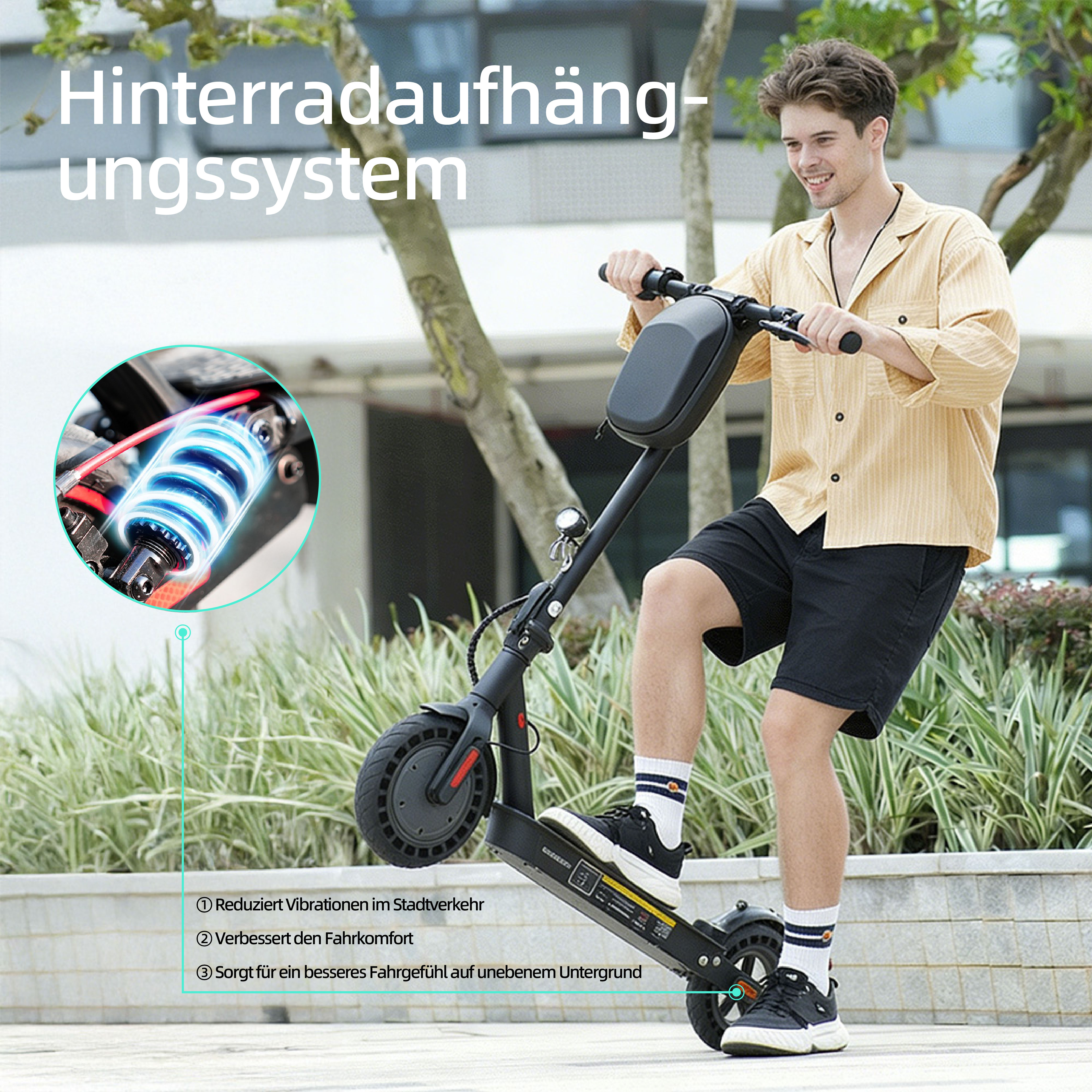 Mann auf E-Scooter mit Hinterradfederung, Nahaufnahme der Federung.