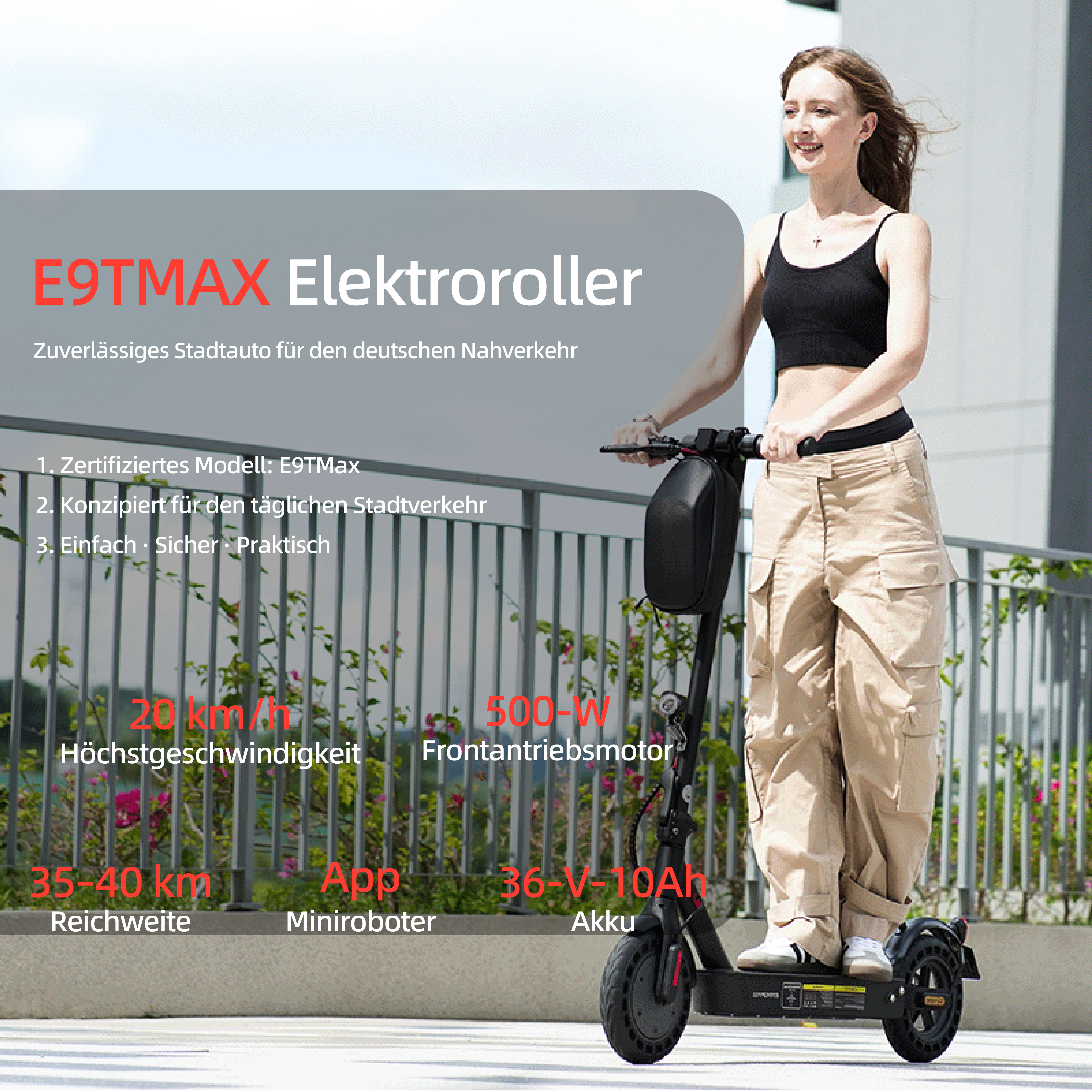 Frau auf E9TMAX Elektroroller. Merkmale: 20km/h Höchstgeschw., 500W Motor, 35-40km Reichweite, 36V-10Ah Akku.