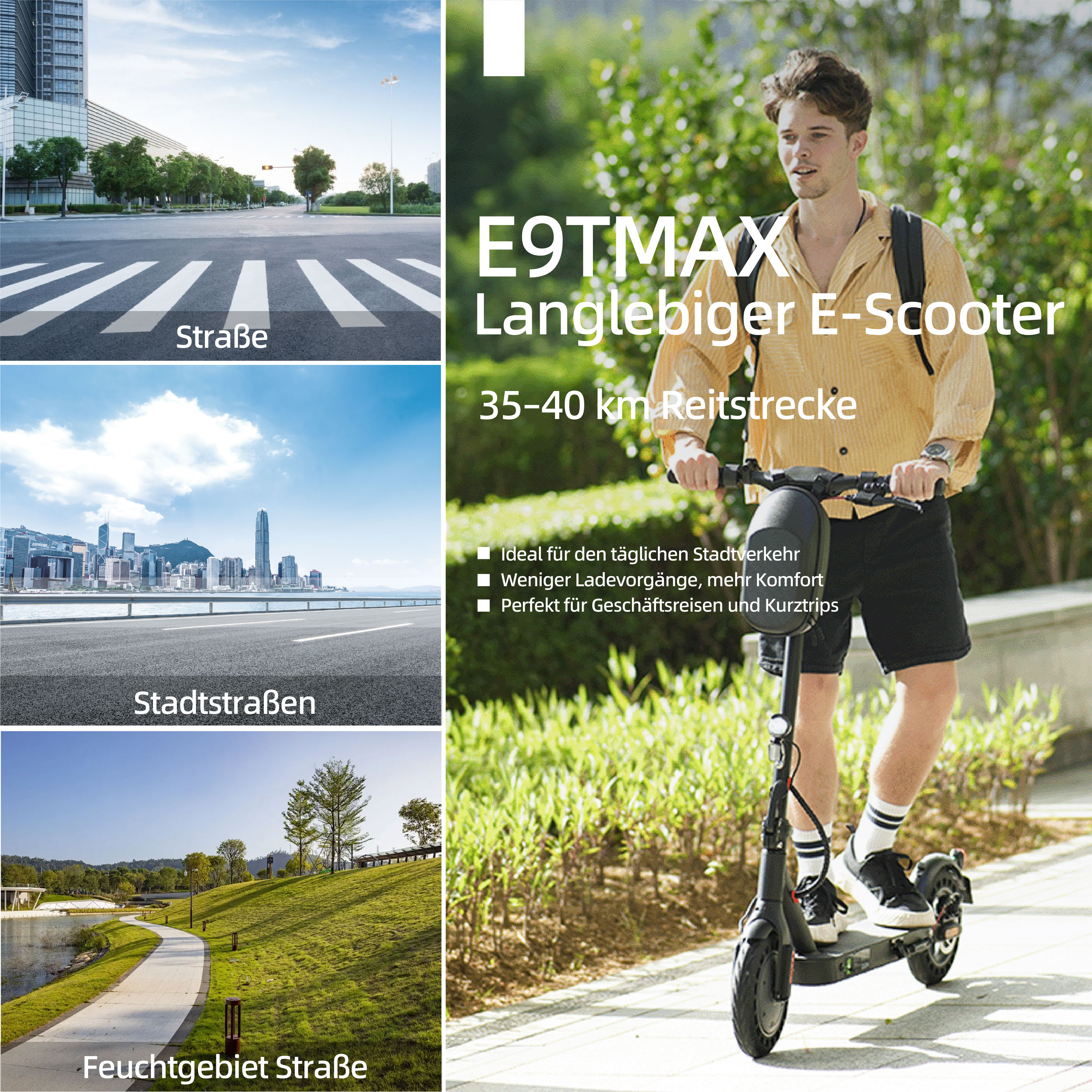 Mann fährt E-Scooter durch eine grüne Parkanlage mit Bäumen.