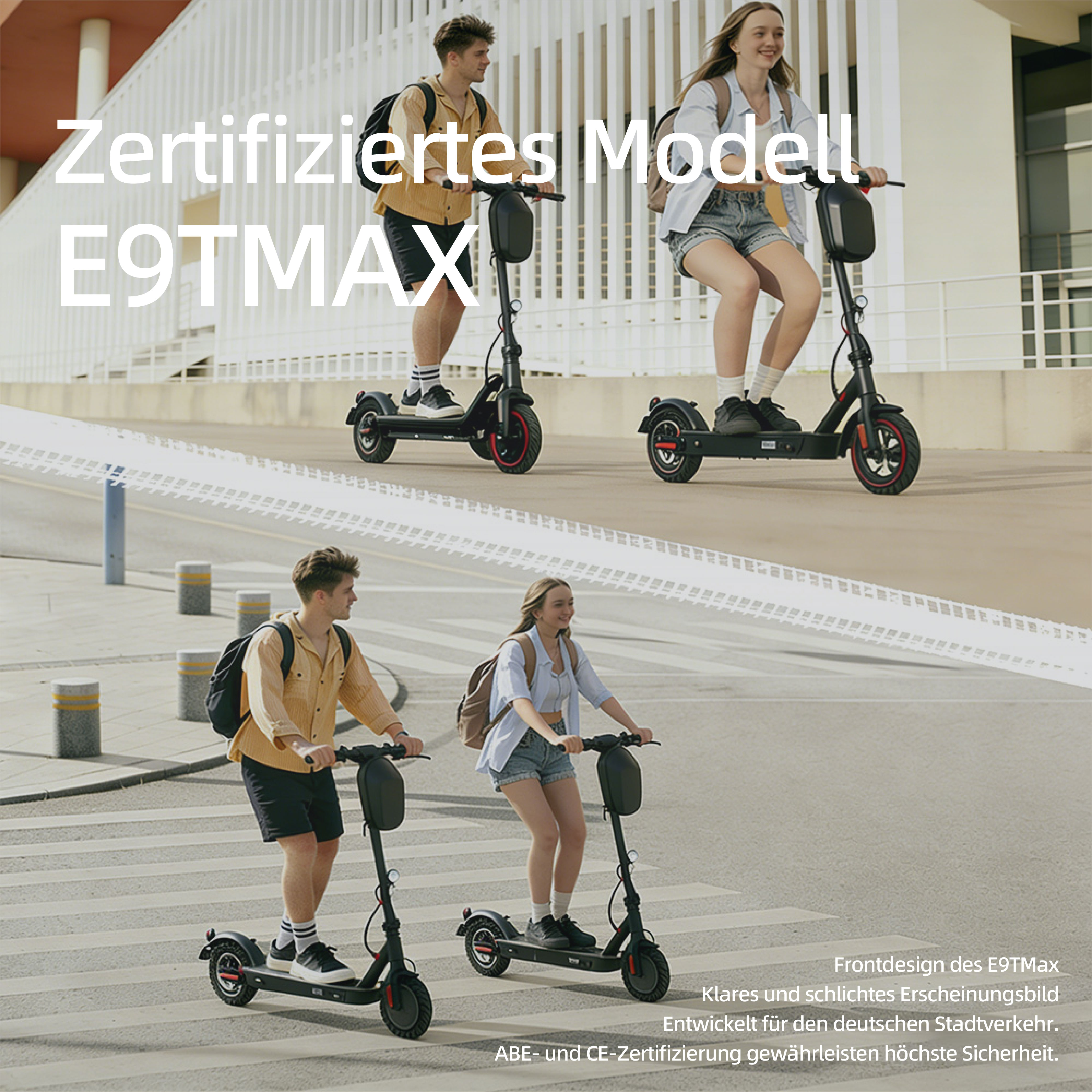 Zwei junge Leute fahren E-Scooter. Modernes Design.