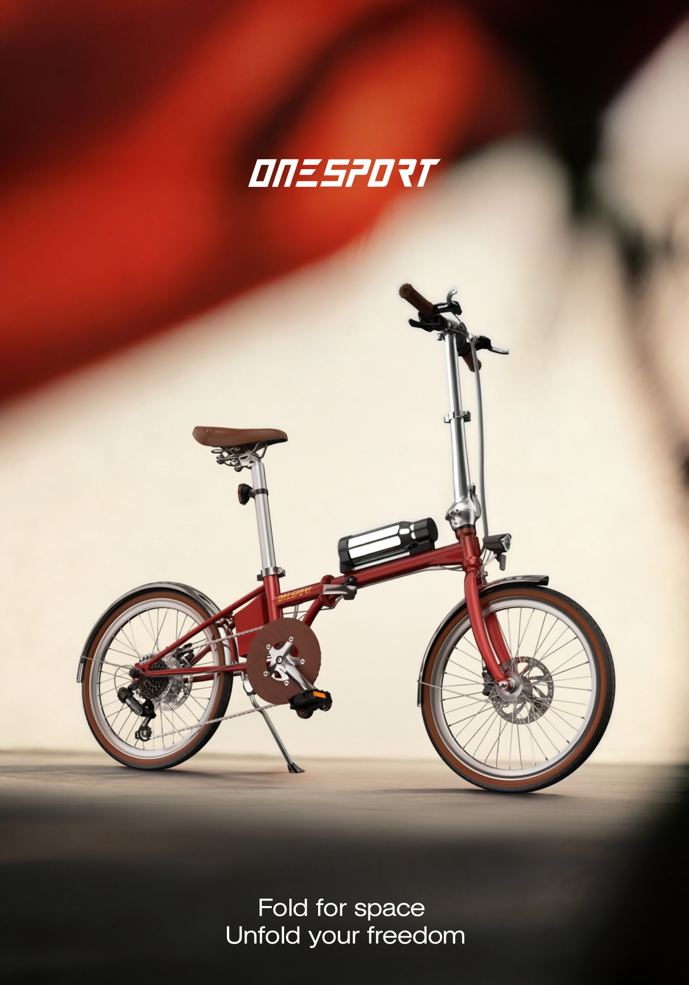 Una bicicletta pieghevole rossa con sella e manopole marroni, logo ONESPORT.