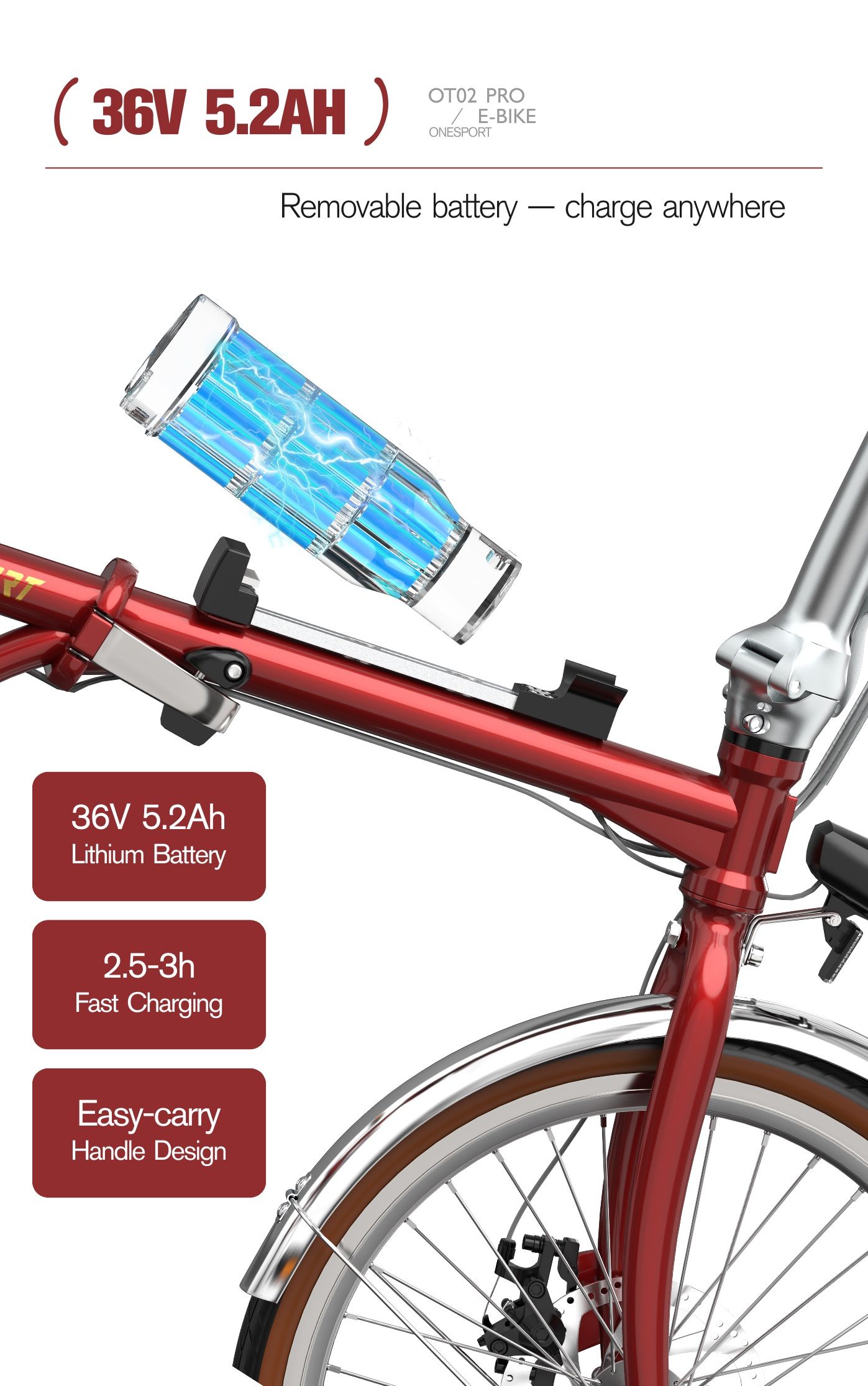 Una e-bike rossa con batteria al litio rimovibile da 36V 5.2Ah.