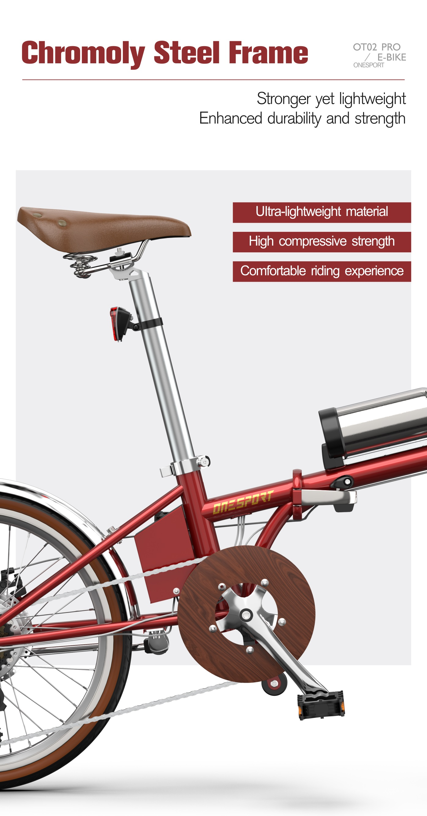 Bicicletta rossa con telaio in acciaio cromato, sella marrone e dettagli argento.