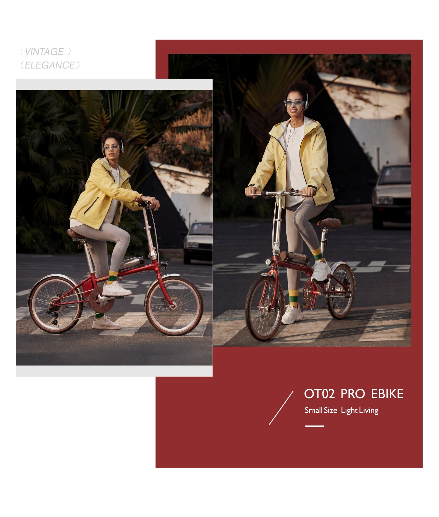 Una donna guida una bici pieghevole rossa, con giacca gialla e cuffie.