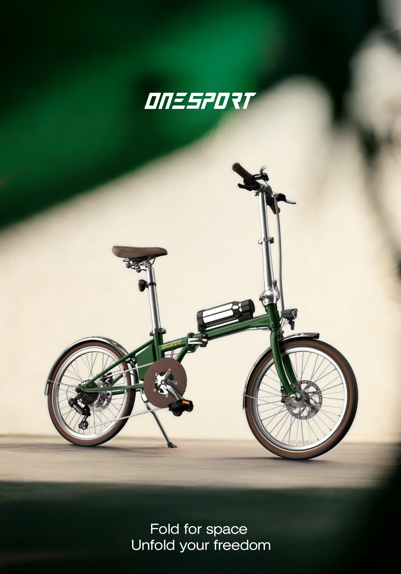 Una bici pieghevole verde ONESPORT con sella e manubrio marroni su sfondo chiaro.
