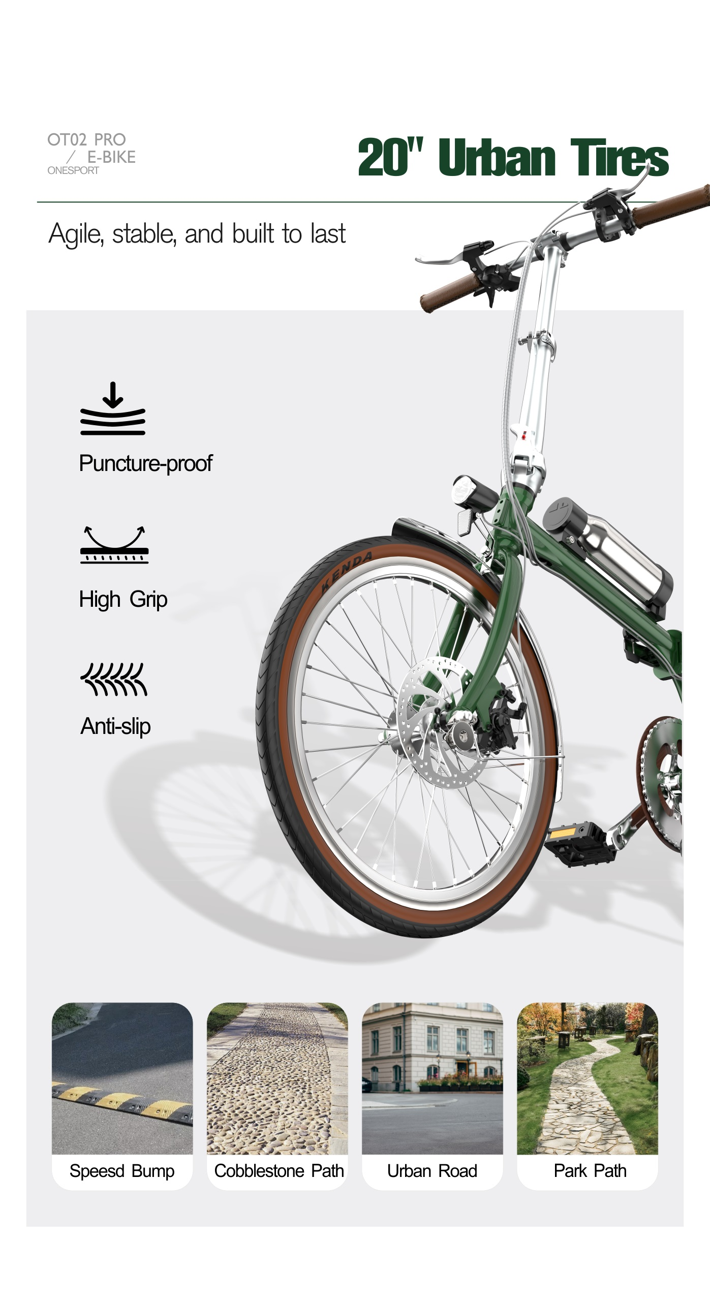 E-bike verde con pneumatici da 20", a prova di foratura, alta aderenza, antiscivolo.
