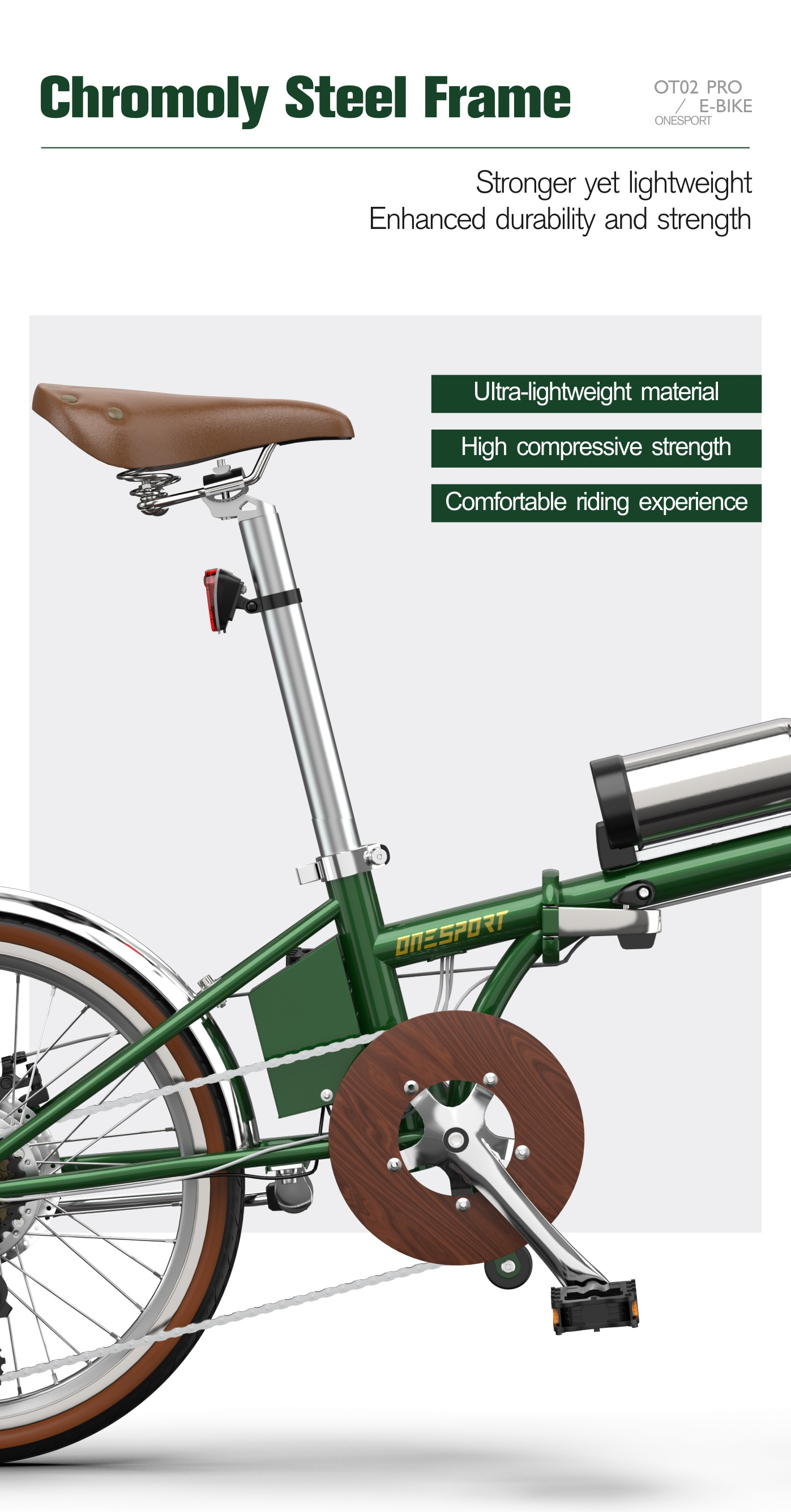 Bicicletta verde con sella marrone, telaio in acciaio cromato e corona in legno.