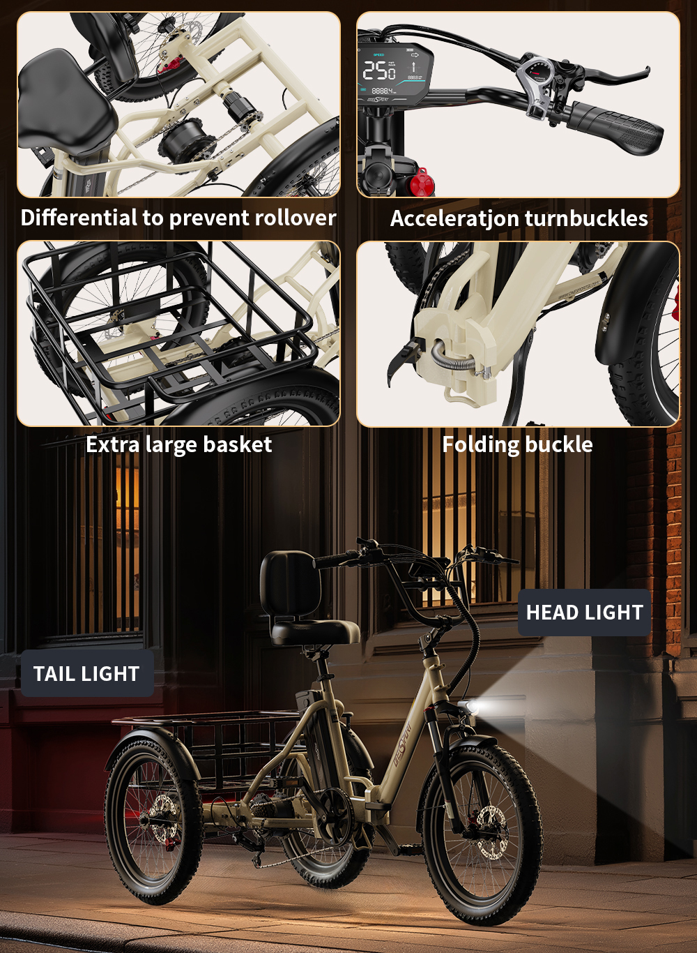 Triciclo eléctrico beige con cesta, diferencial, hebilla plegable y luces.