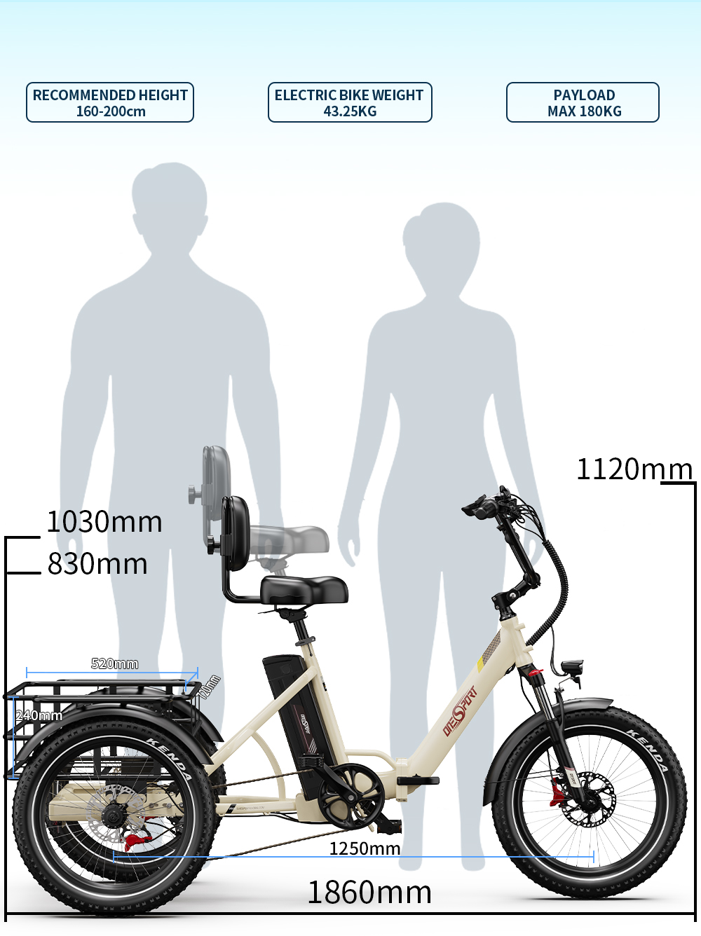 Un triciclo eléctrico beige con dos siluetas. Se muestran dimensiones y detalles de peso.