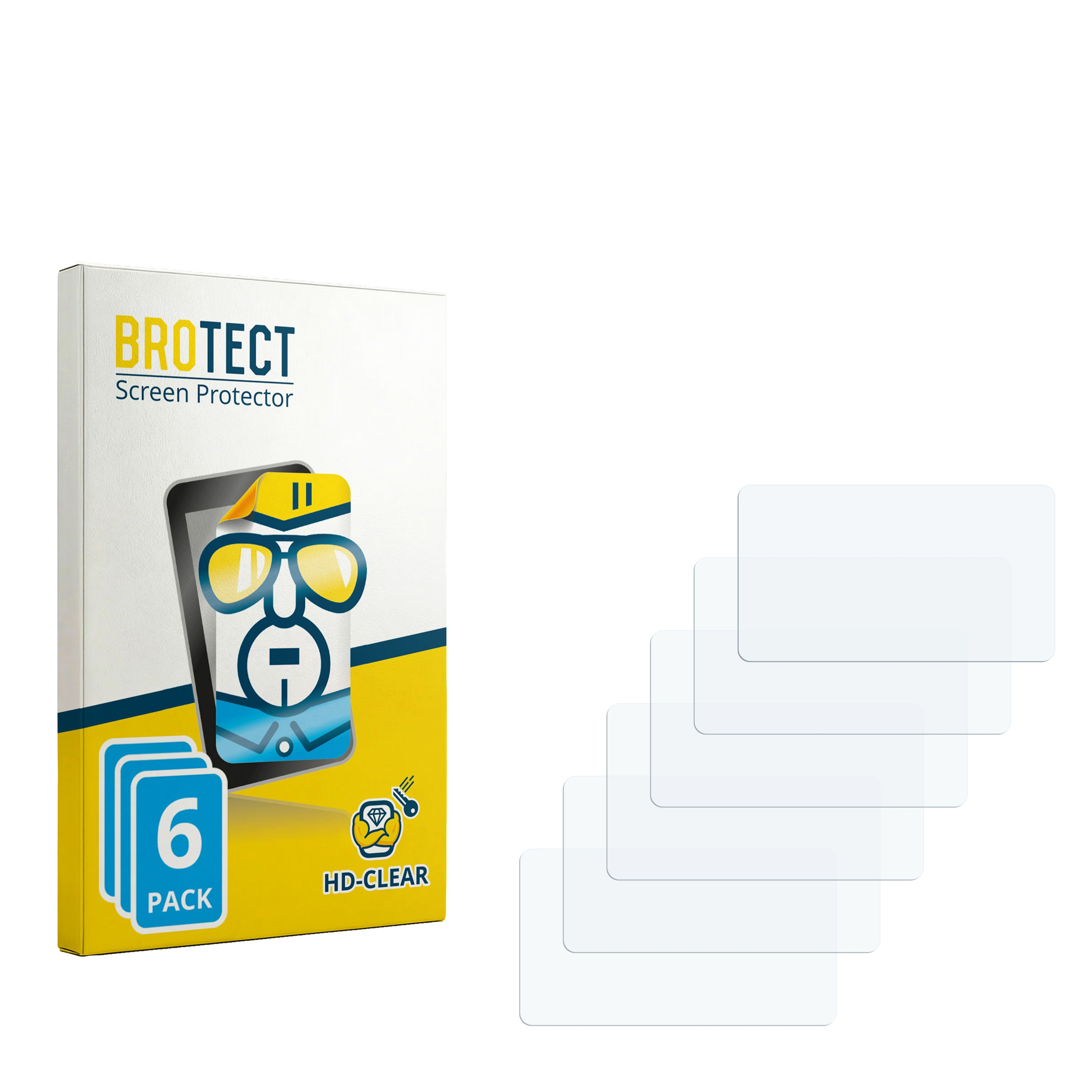 Verpackung für 6 BROTECT Displayschutzfolien mit Bild einer comicartigen Figur.