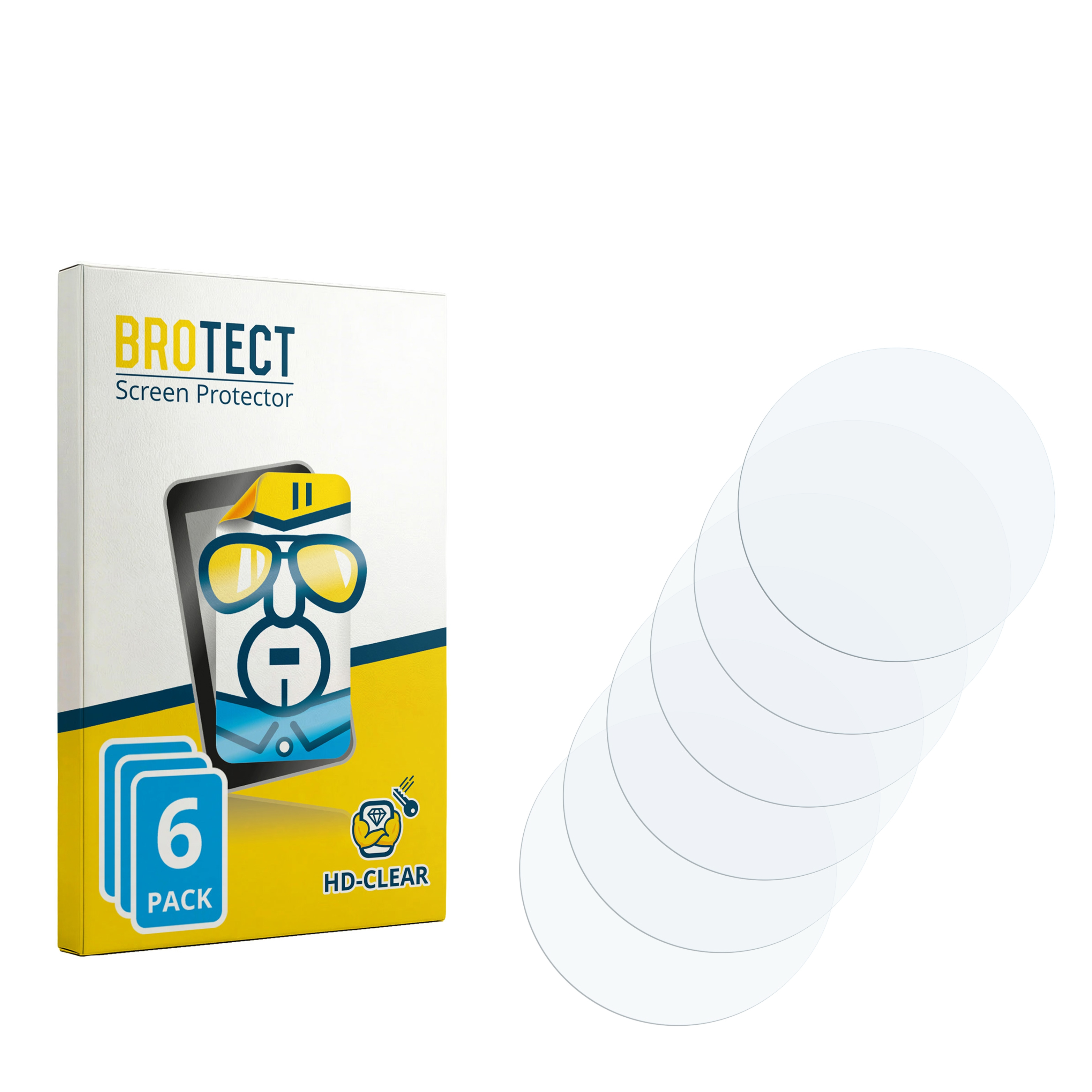 Box mit BROTECT Displayschutzfolien, 6er Pack, und 5 runde Schutzfolien.