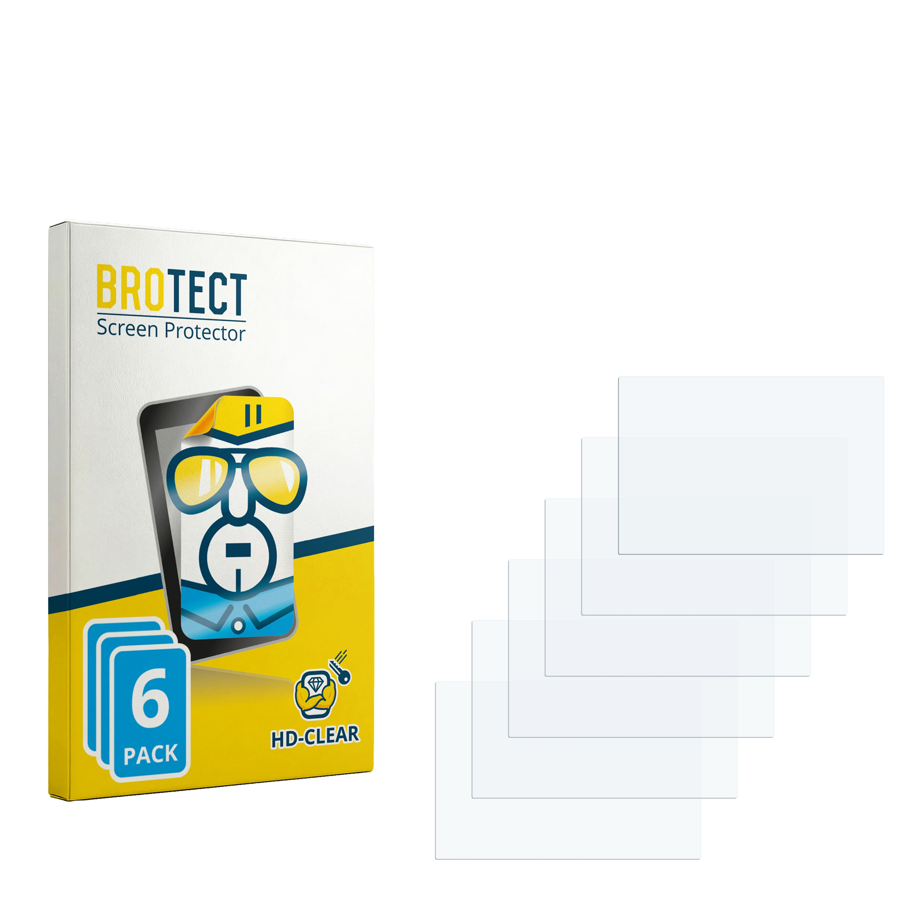 Verpackung für BROTECT Displayschutzfolien mit 6 Stück und vier Folien daneben.