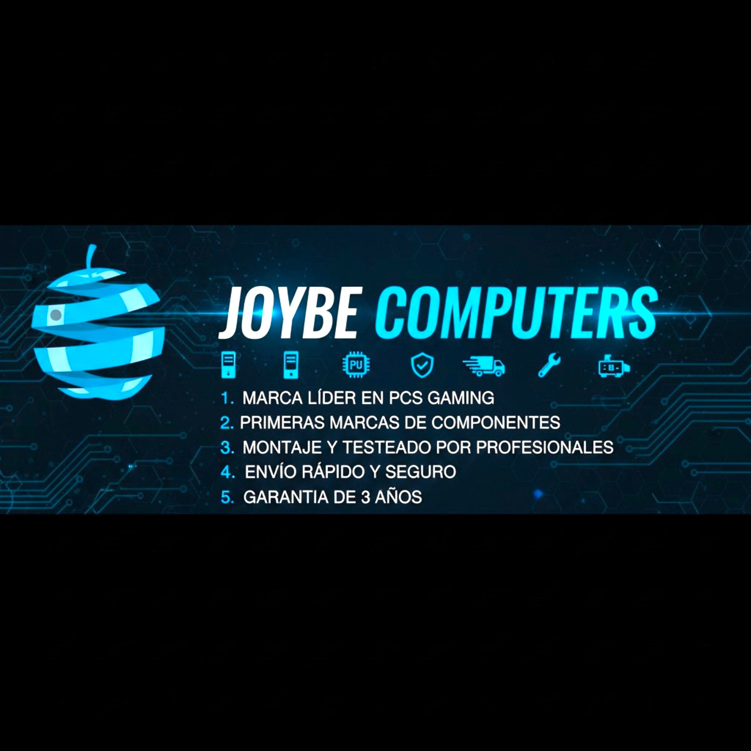 Logo Joybe Computers con lista: PCs gaming líderes, componentes top, montaje, envío, garantía.