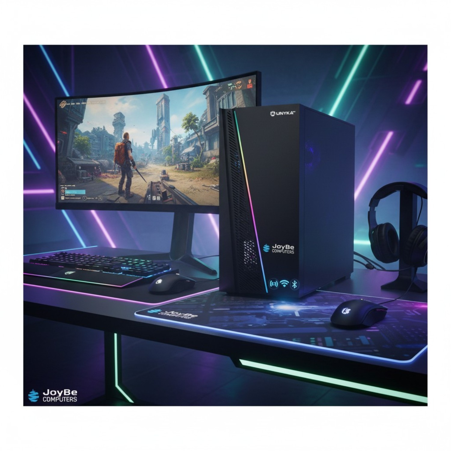 Un PC gaming con monitor, teclado, ratón y auriculares sobre un escritorio.