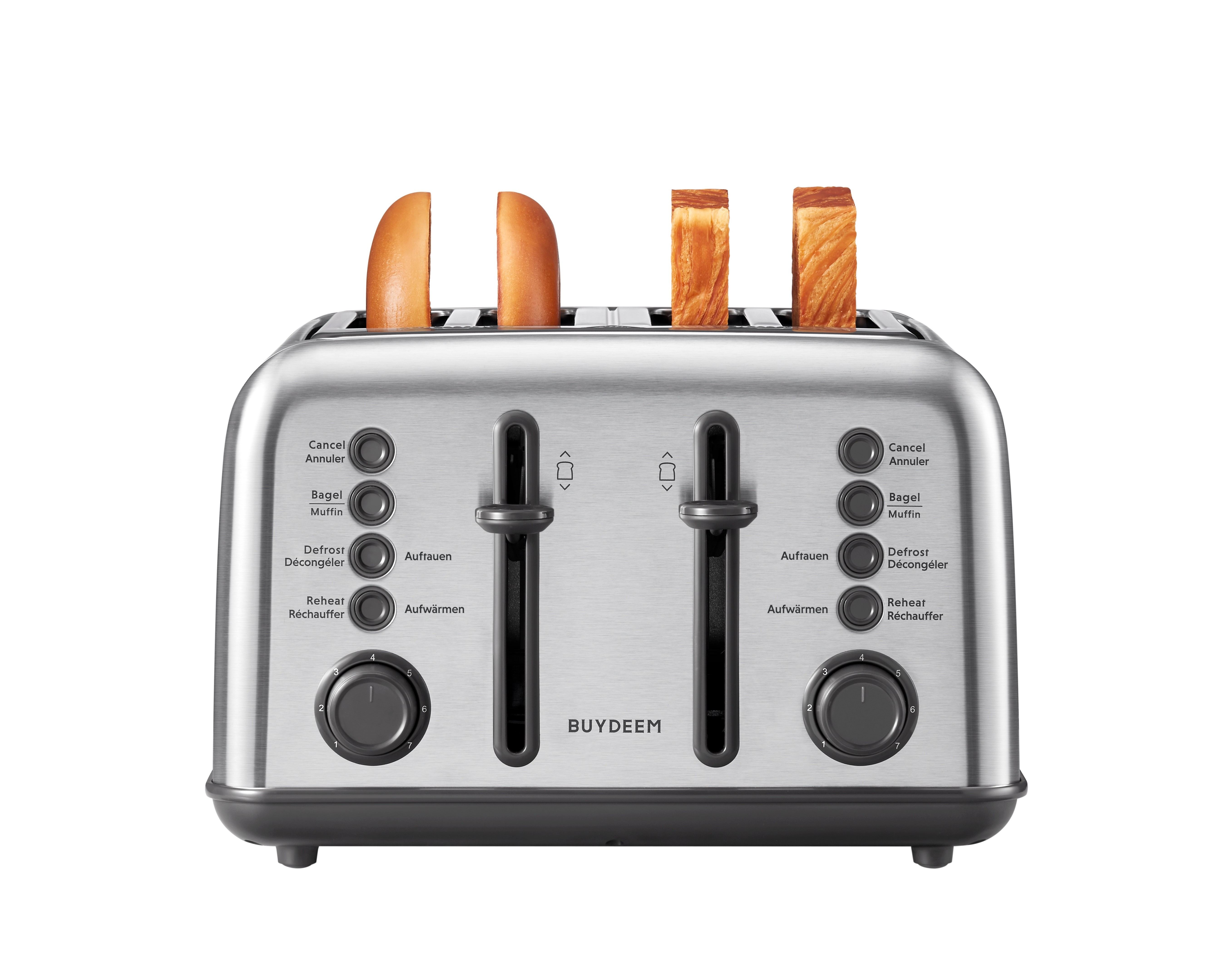 Srebrny toster z czterema kromkami chleba, dwiema połówkami i dwoma blokami.