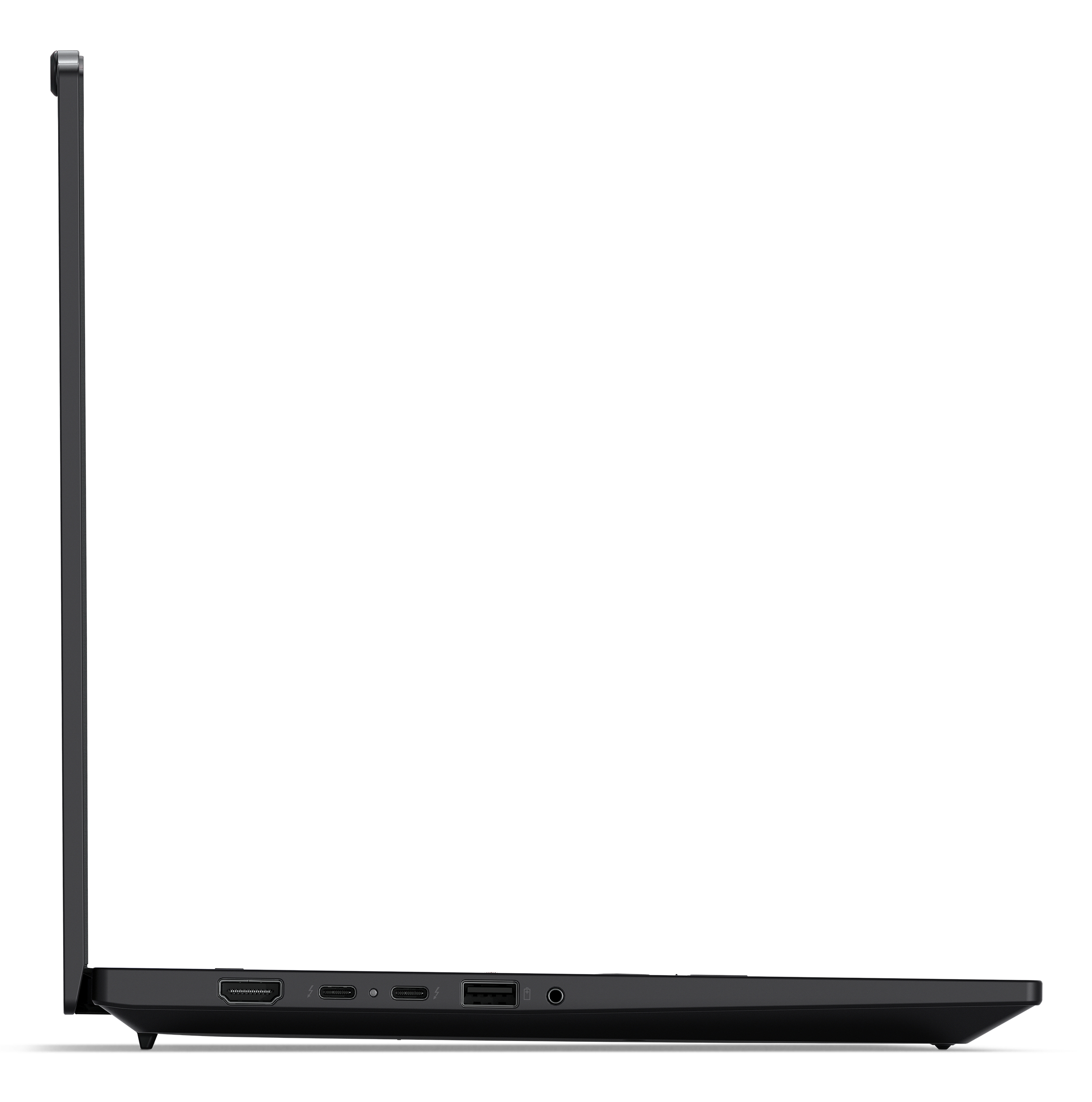Laptop nero visto di lato, con diverse porte.