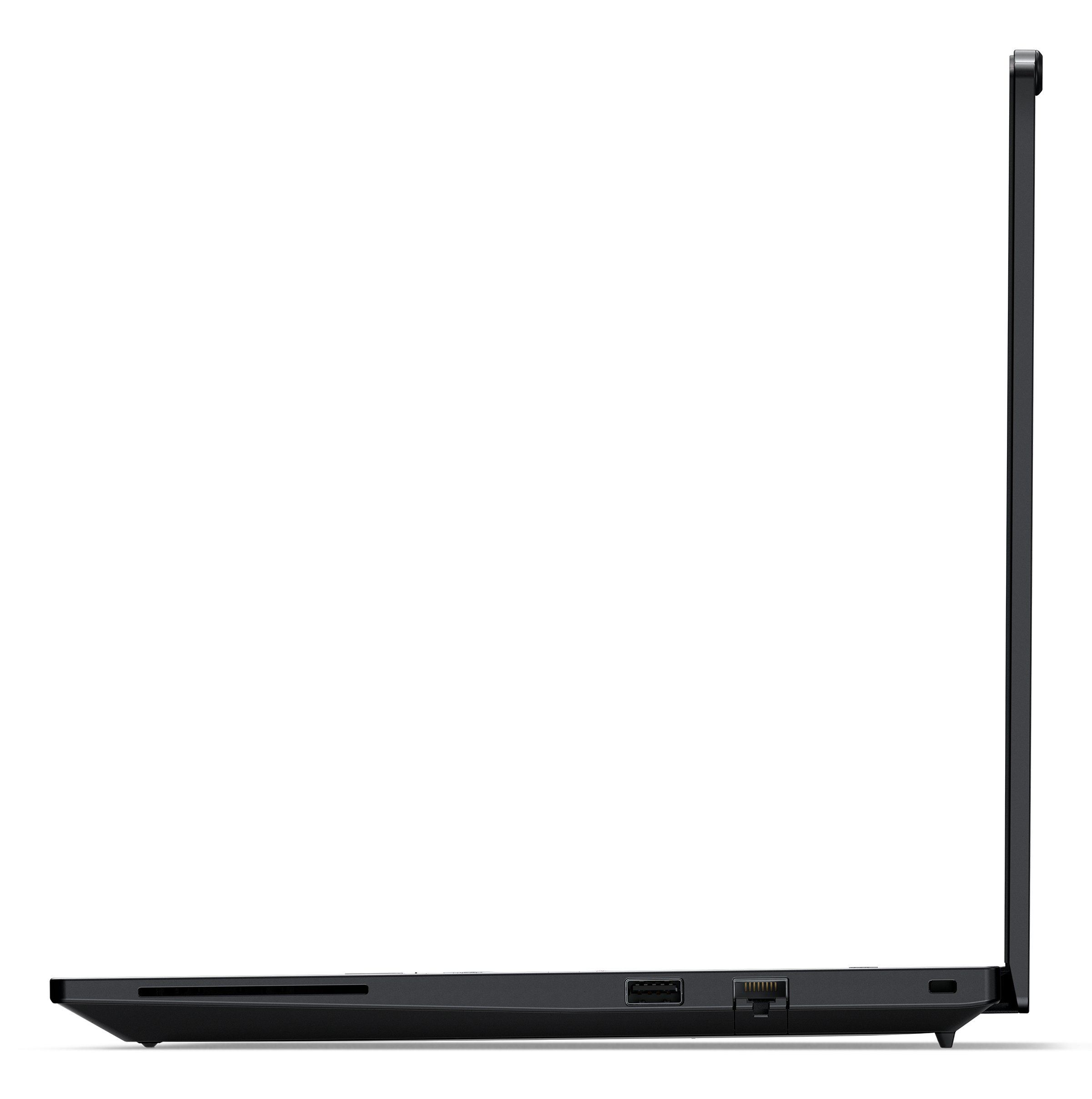 Laptop nero di profilo, con porte e prese d'aria.