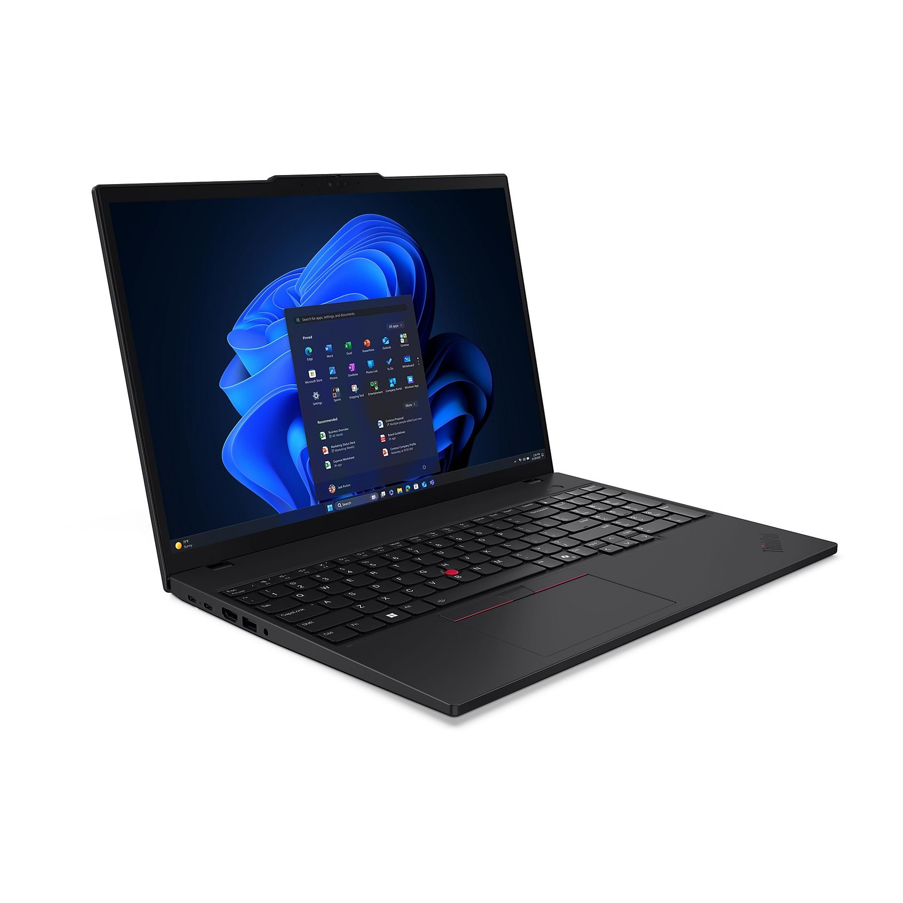 Laptop nero con schermo aperto che mostra l'interfaccia di Windows 11 e la tastiera.