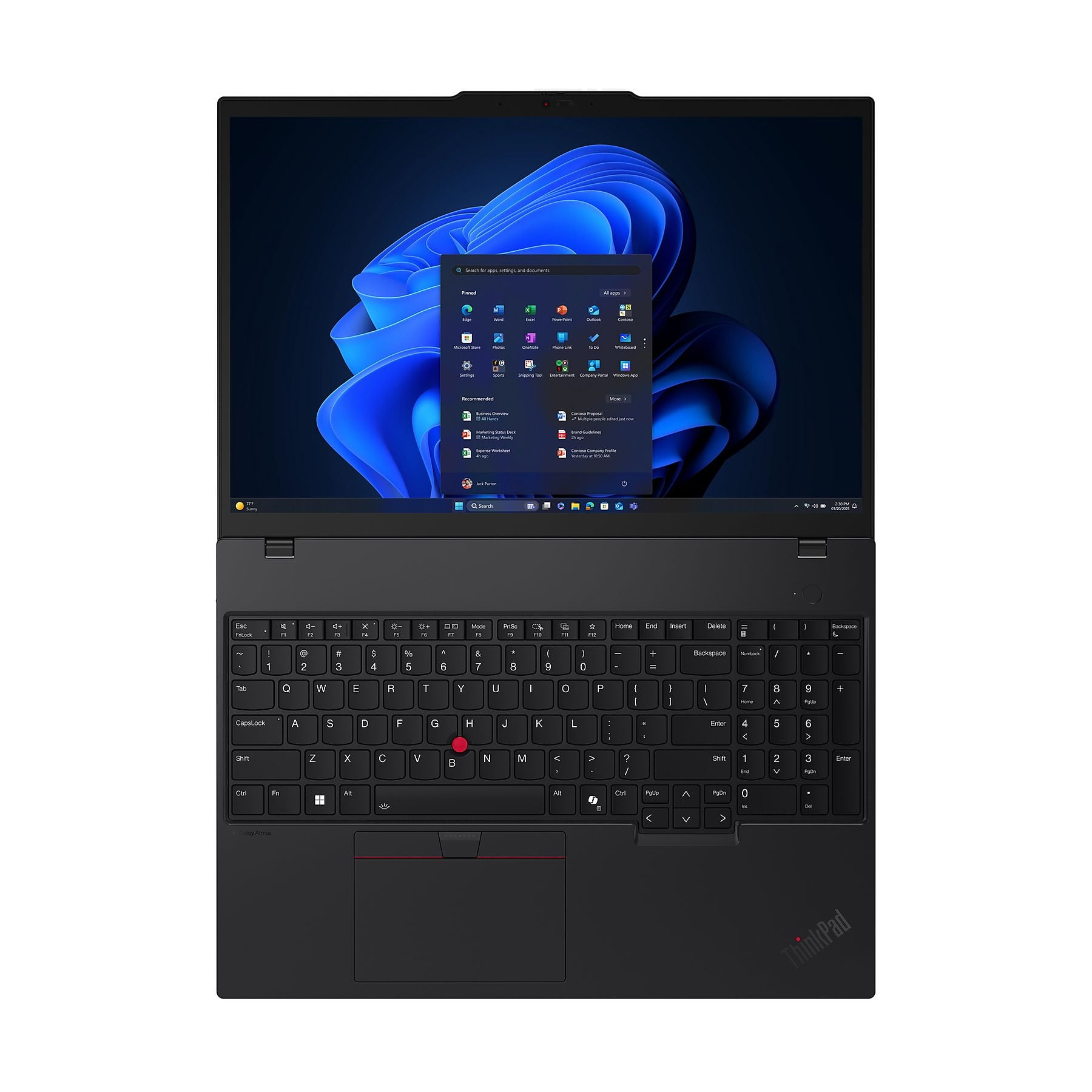 Un laptop nero con il menu Start di Windows 11 e sfondo blu.