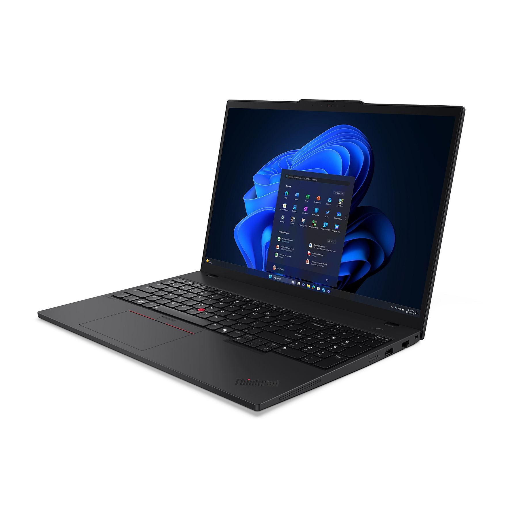 Un laptop nero con lo schermo acceso che mostra il menu Start di Windows 11.
