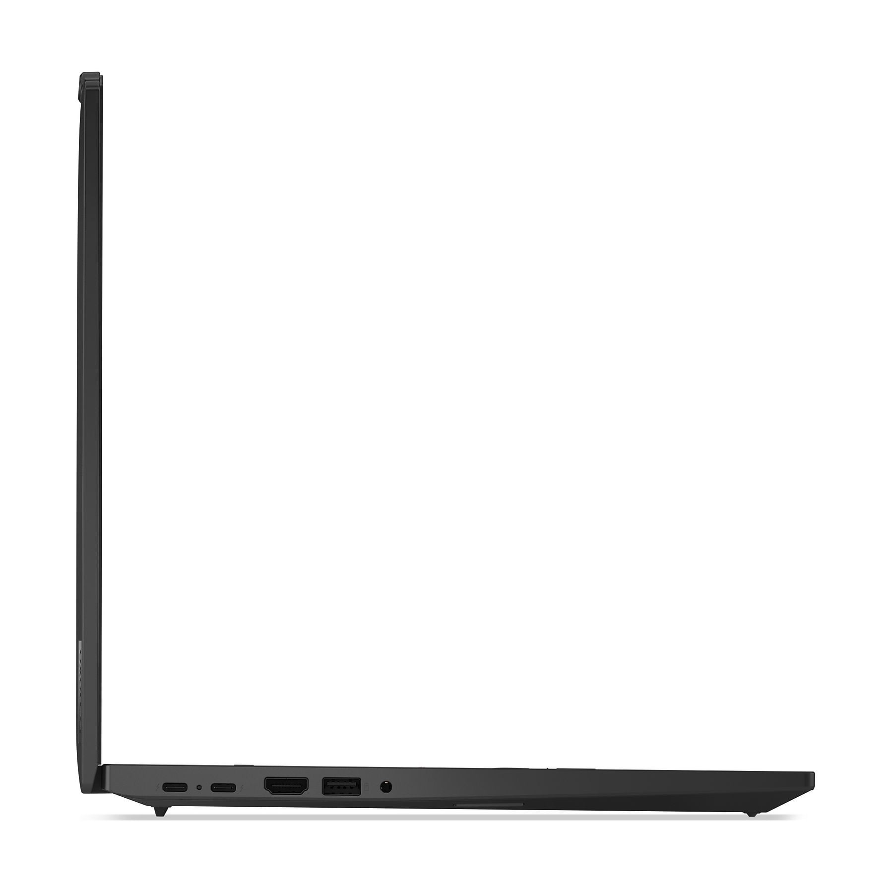 Laptop nero di profilo con porte USB-C, HDMI e USB-A.