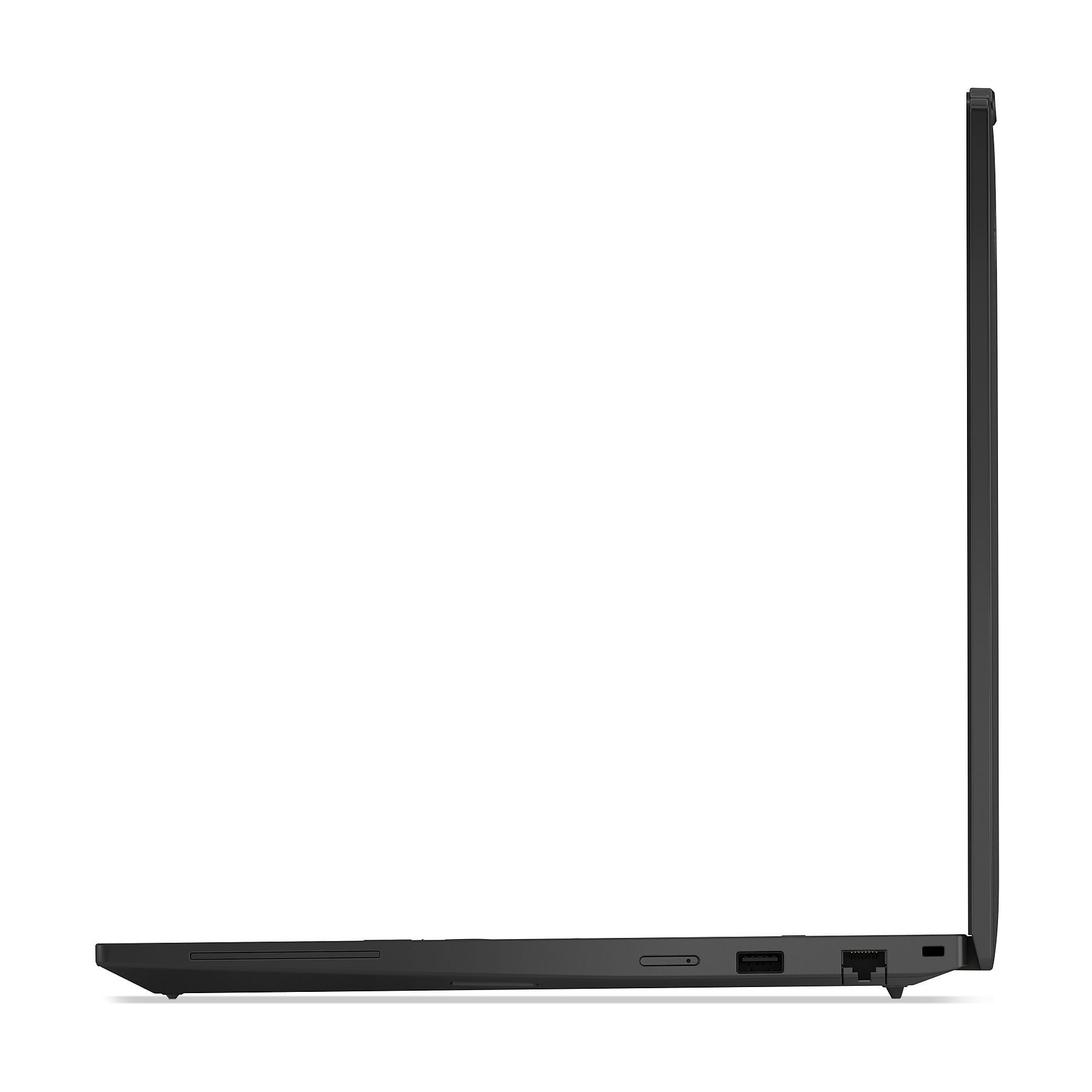 Vista laterale di un laptop nero chiuso che mostra porte USB e Ethernet sul lato.