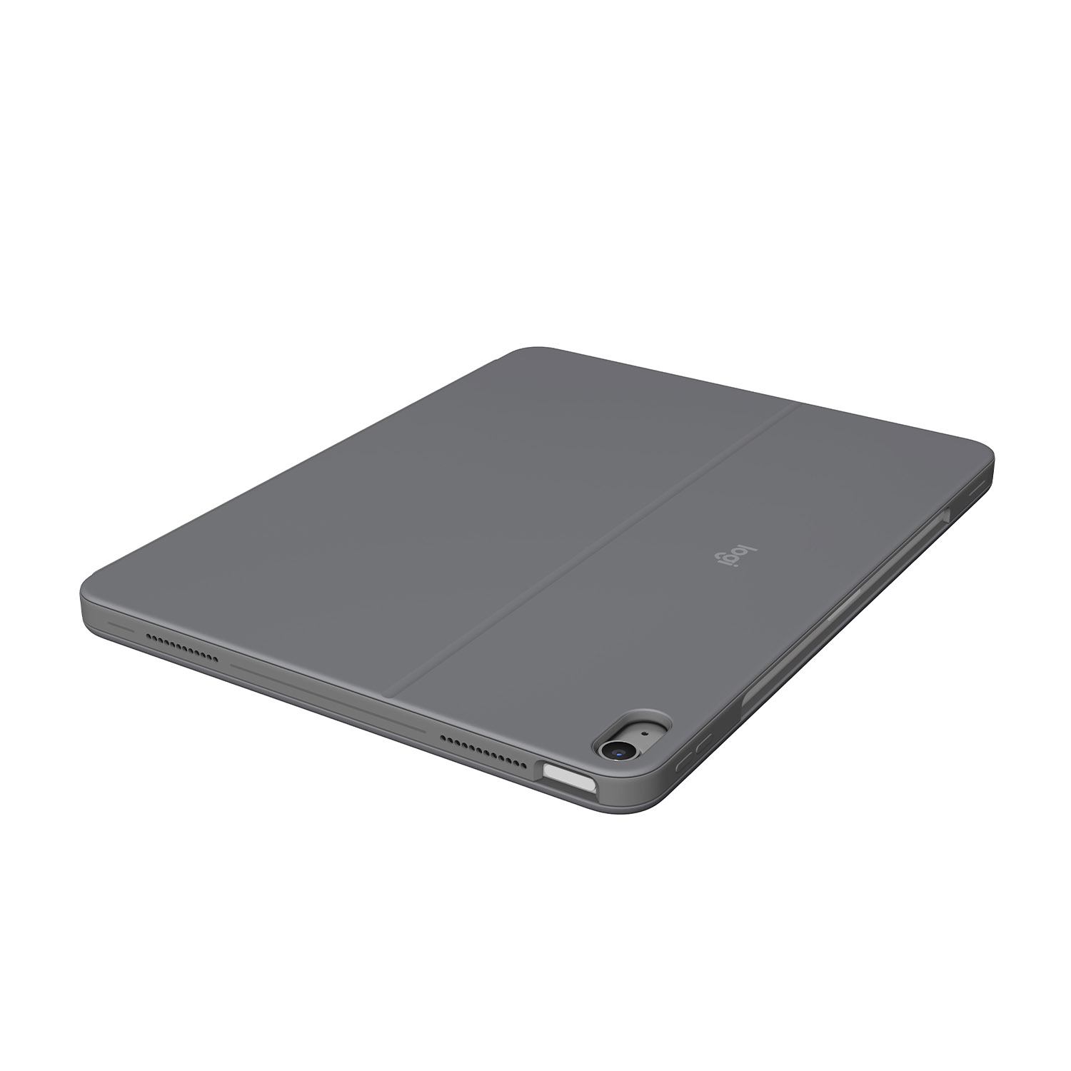 Copertura grigia per tablet con logo Logitech, sfondo bianco