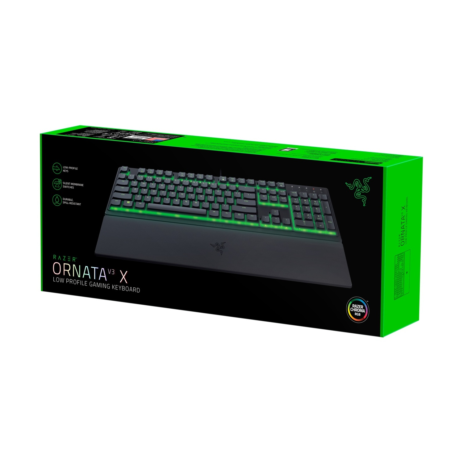 Niskoprofilowa klawiatura gamingowa Razer Ornata V3 X w zielono-czarnym pudełku.
