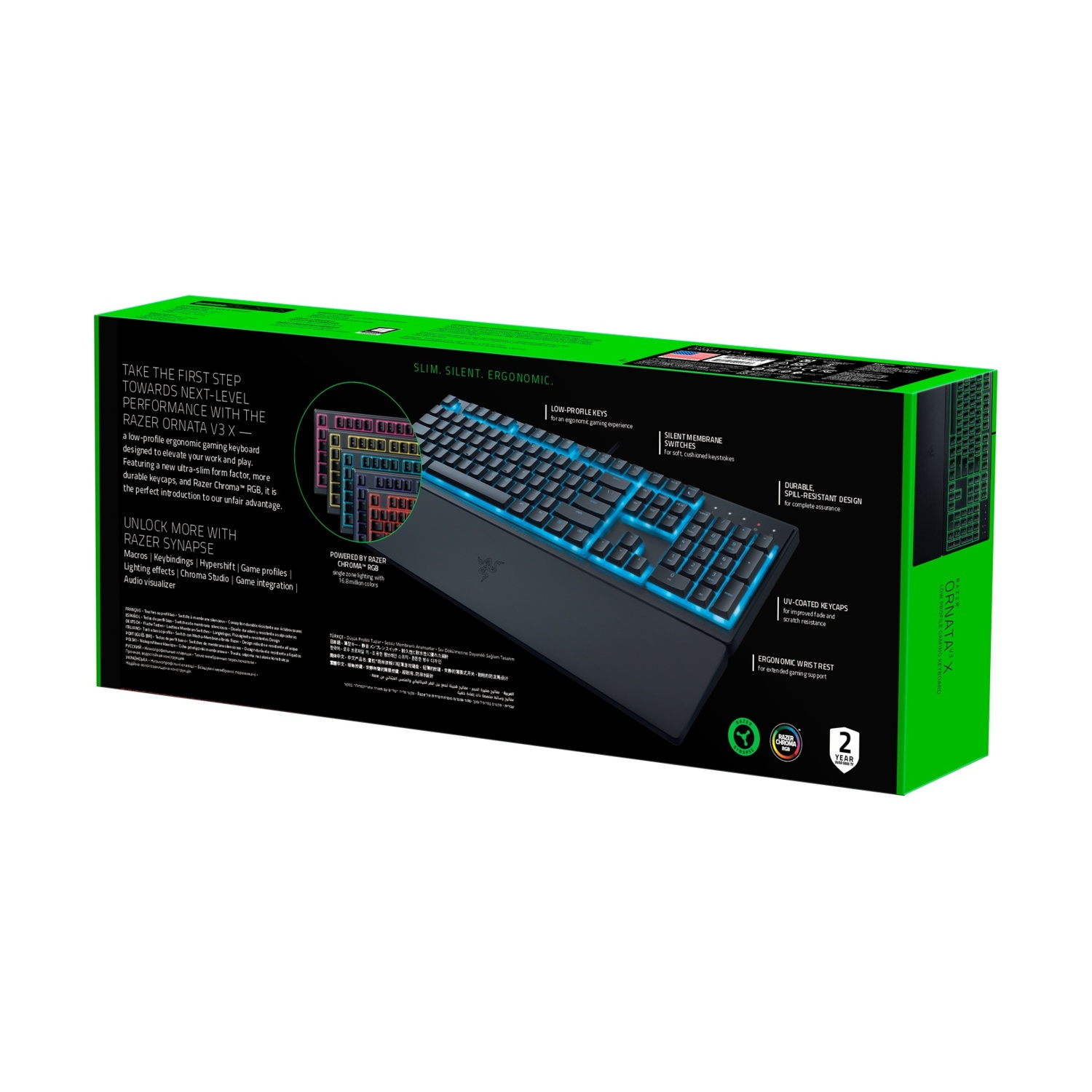 Klawiatura gamingowa Razer Ornata V3 X z podświetleniem RGB, ergonomicznym designem i podpórką na nadgarstek.