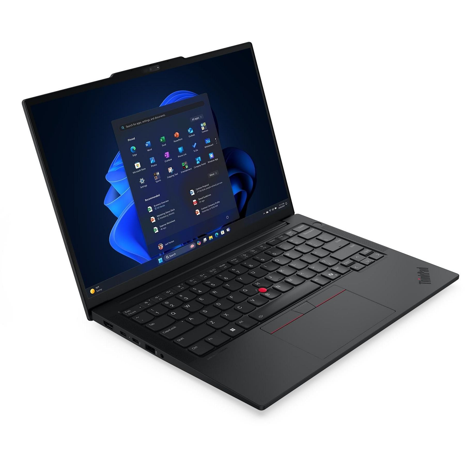 Laptop nero con menu Start di Windows aperto e tastiera. Lo schermo mostra app e documenti.