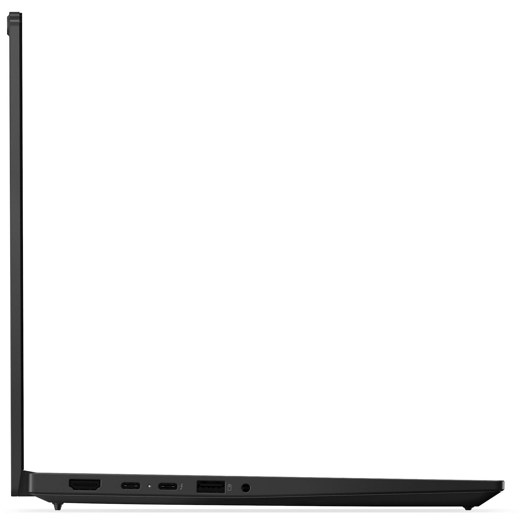 Laptop nero vista laterale con porte: HDMI, USB-C, Thunderbolt, USB-A, jack audio.