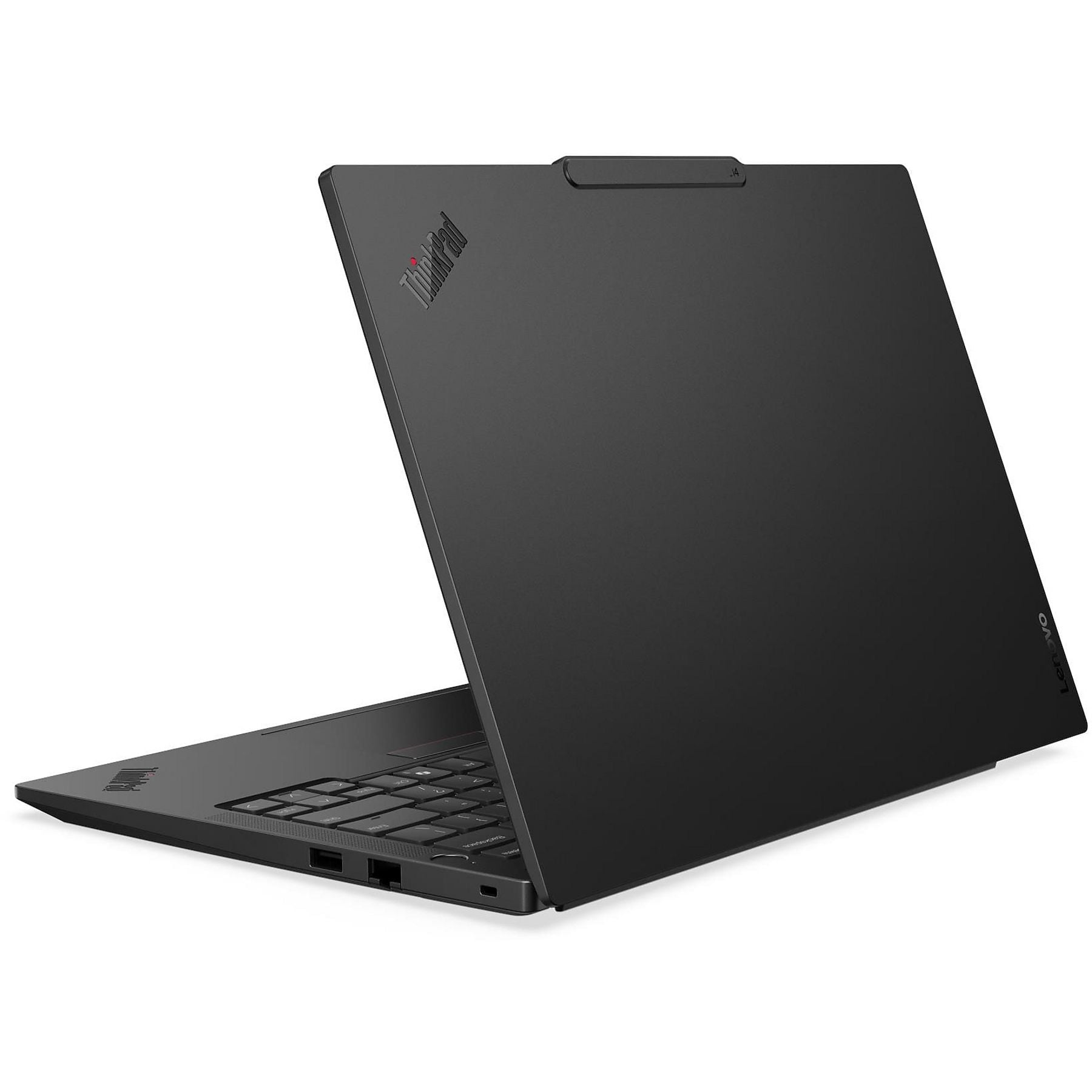 Laptop nero, parzialmente aperto, con logo ThinkPad sul coperchio.